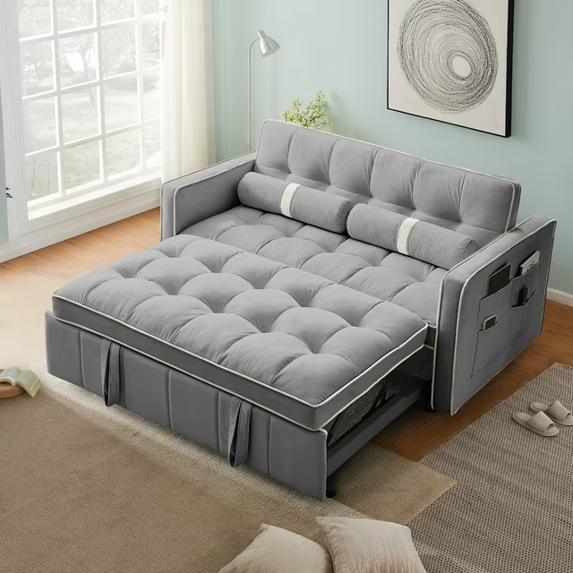 Muumblus 55.5" Pull Out Sofa Bed 2 Seater Loveseats Sleeper Convertible Futon Sofa Bed with Adjsutable Backrest, Modern Velvet Couch for Living Room, Black