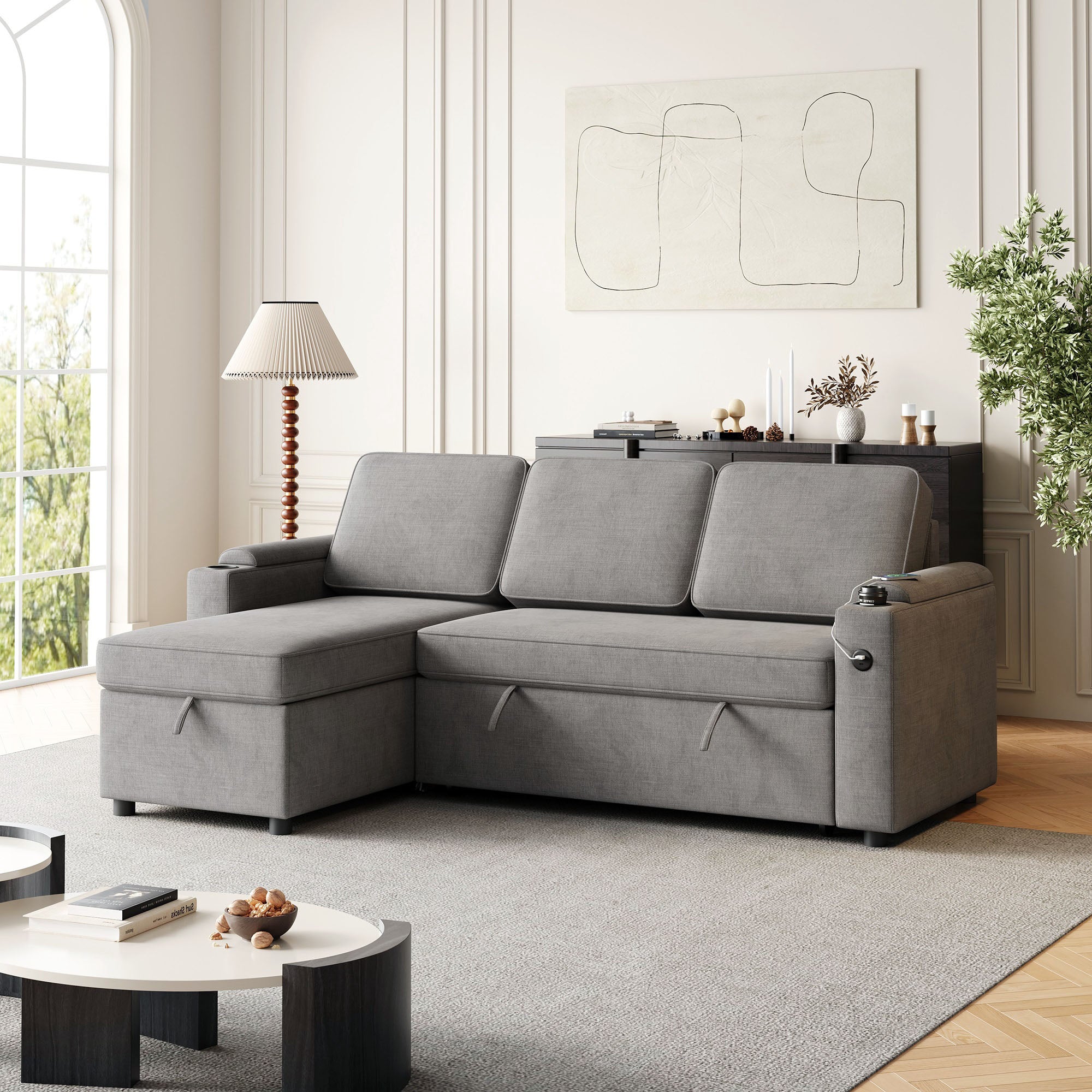 Dinosisco 3-in-1 Sectional Sleeper Sofa with Storage Chaise & Armrests, USB, Cup Holders, 85.8" Convertible L-Shaped Sofa Bed for Living Room, Apartment, Black Linen