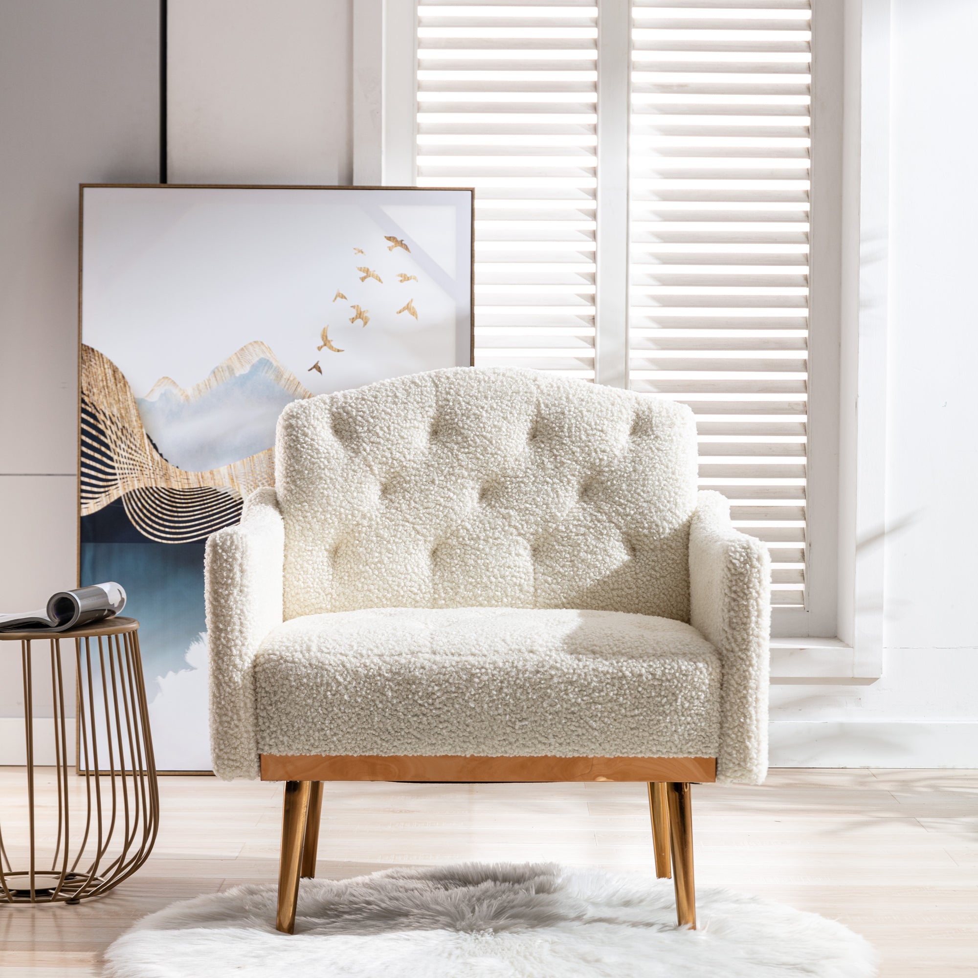 Dinosisco Modern Upholstered Accent Armchair for Living Room Bedroom, White Teddy