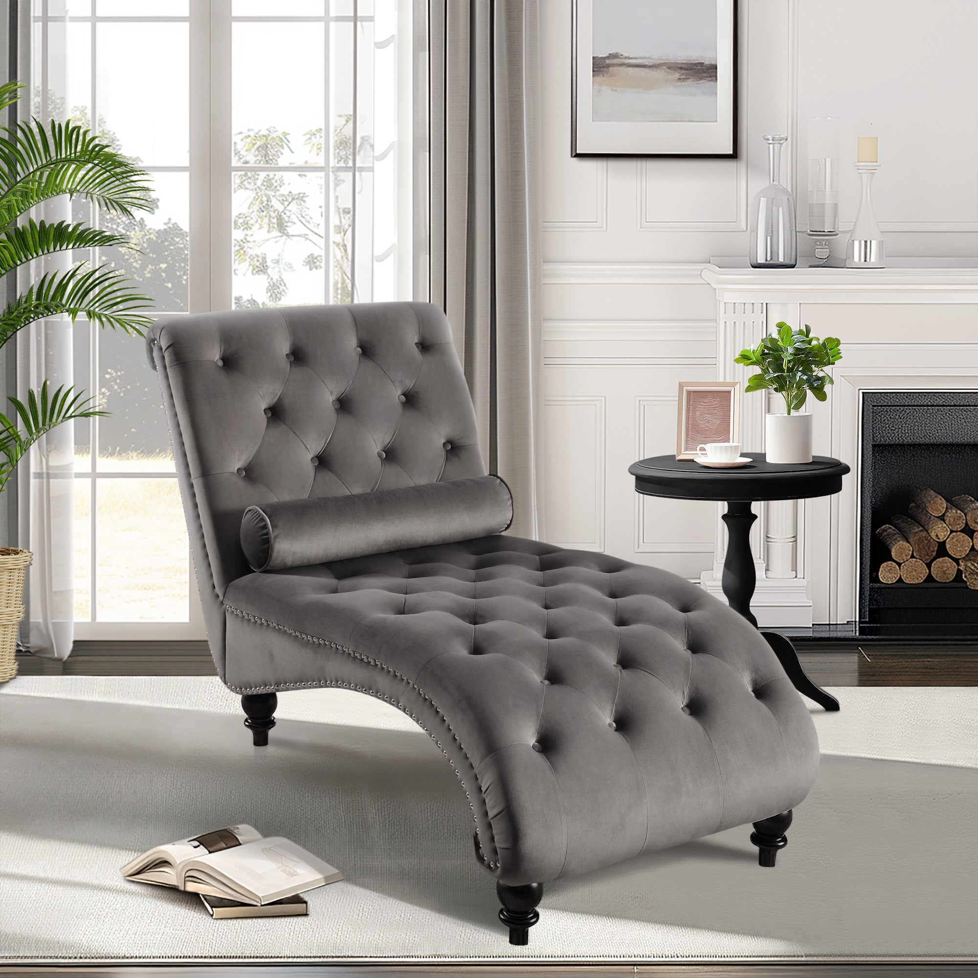 Dinosisco Chaise Lounge Indoor, Tufted Upholstered Accent Chair for Living Room, Beige Velvet