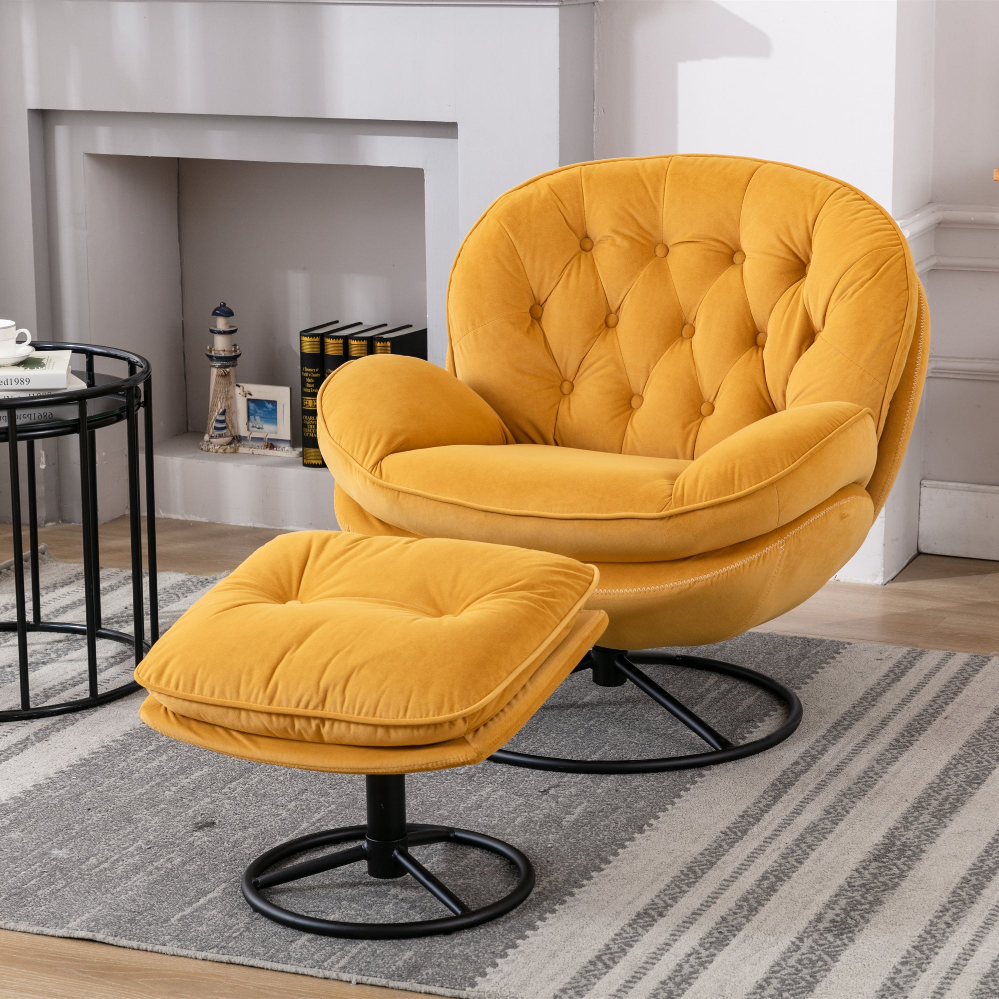 Dinosisco Swivel Accent Chair with Ottoman, Modern Tufted Lounge Chair for Living Room, Blue Velvet