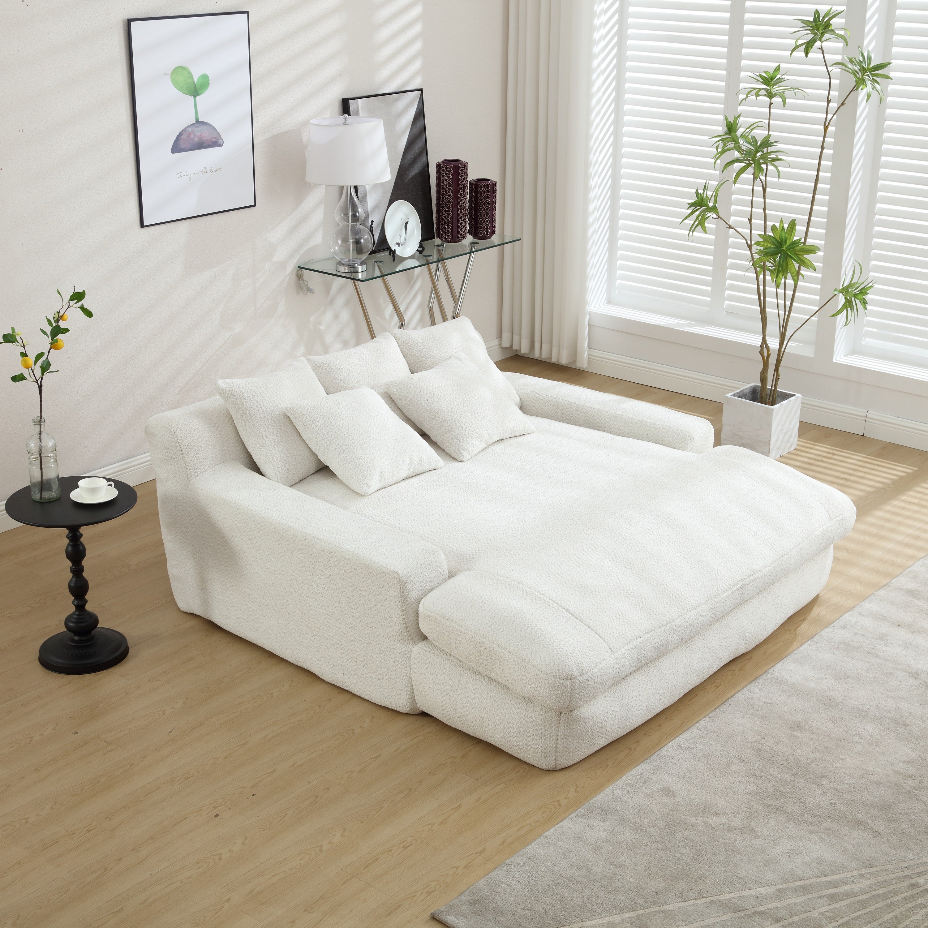 Dinosisco Oversized Deep Seat Lazy Sofa with 5 Pillows, Chenille 2-Seater Couch for Living Room, White