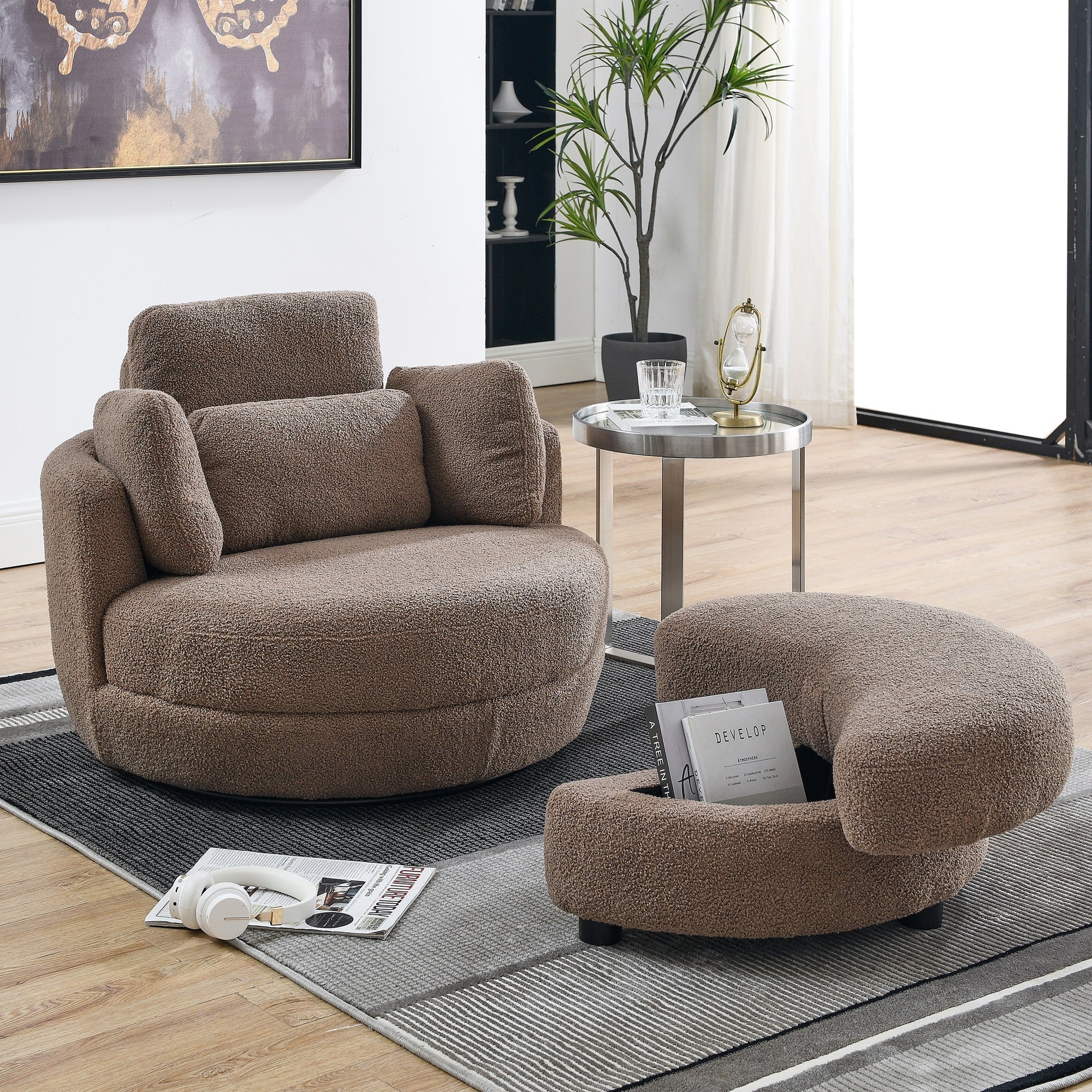 Dinosisco 39"W Oversized Swivel Accent Barrel Chair with Storage Ottoman, Gray Teddy