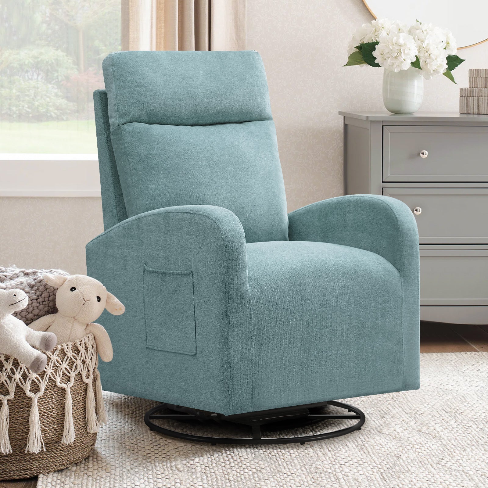 Dinosisco Teddy Glider Rocking Chair for Living Room, High Back Upholstered Swivel Glider Rocker for Nursery, White