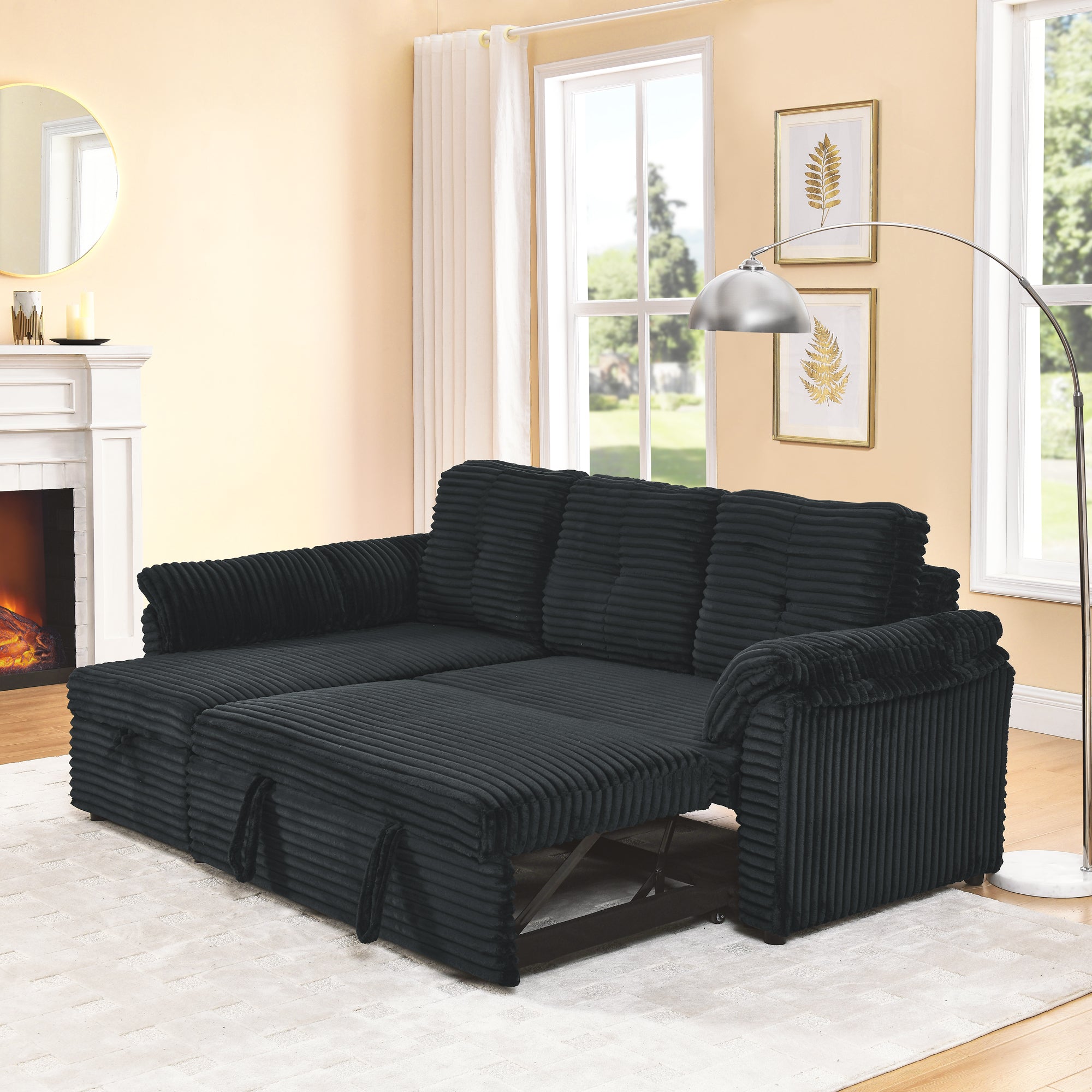Dinosisco Sleeper Sofa Sectional, Convertible Sofa Bed with Storage Chaise, Corduroy L-Shaped Sectional Sofa for Apartment, Living Room, Gray