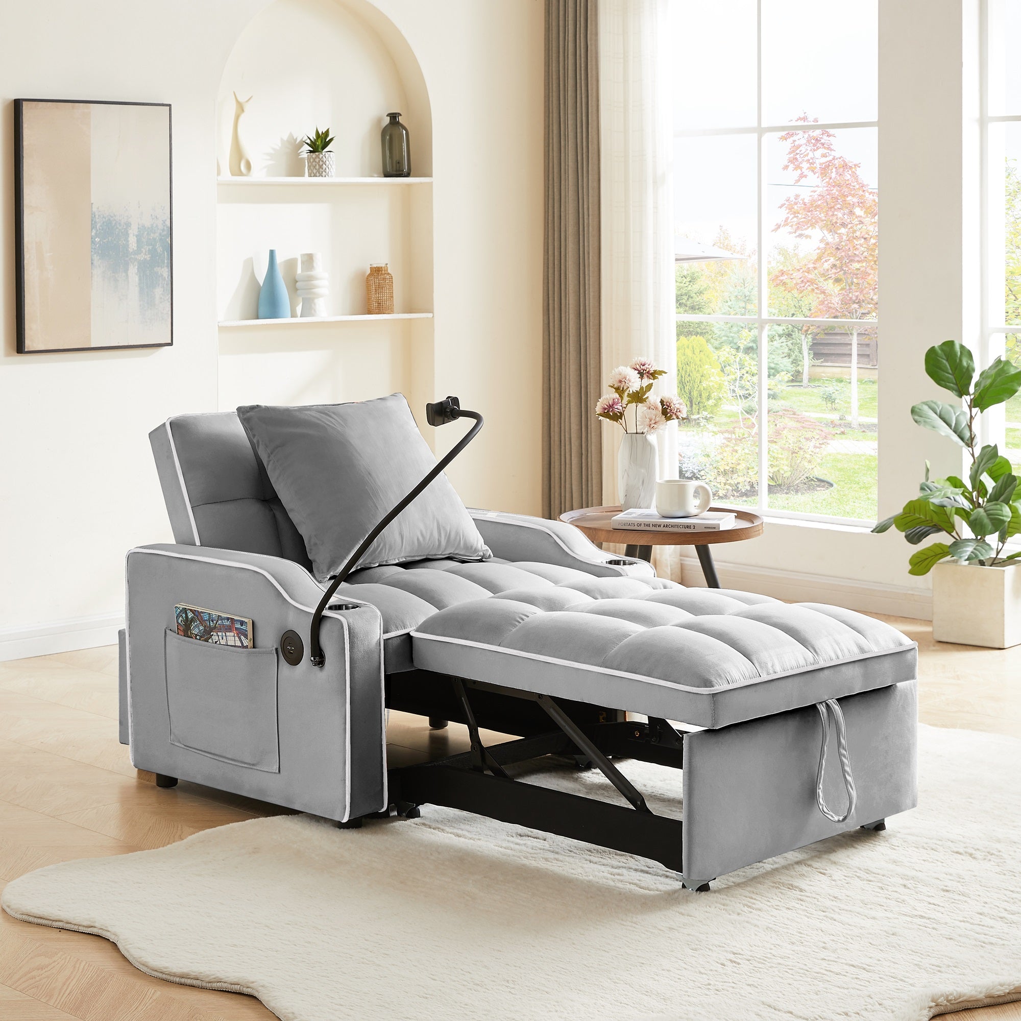 Dinosisco 3-in-1 Convertible Sleeper Chair Bed with Charge Ports & Phone Stand, Black Velvet