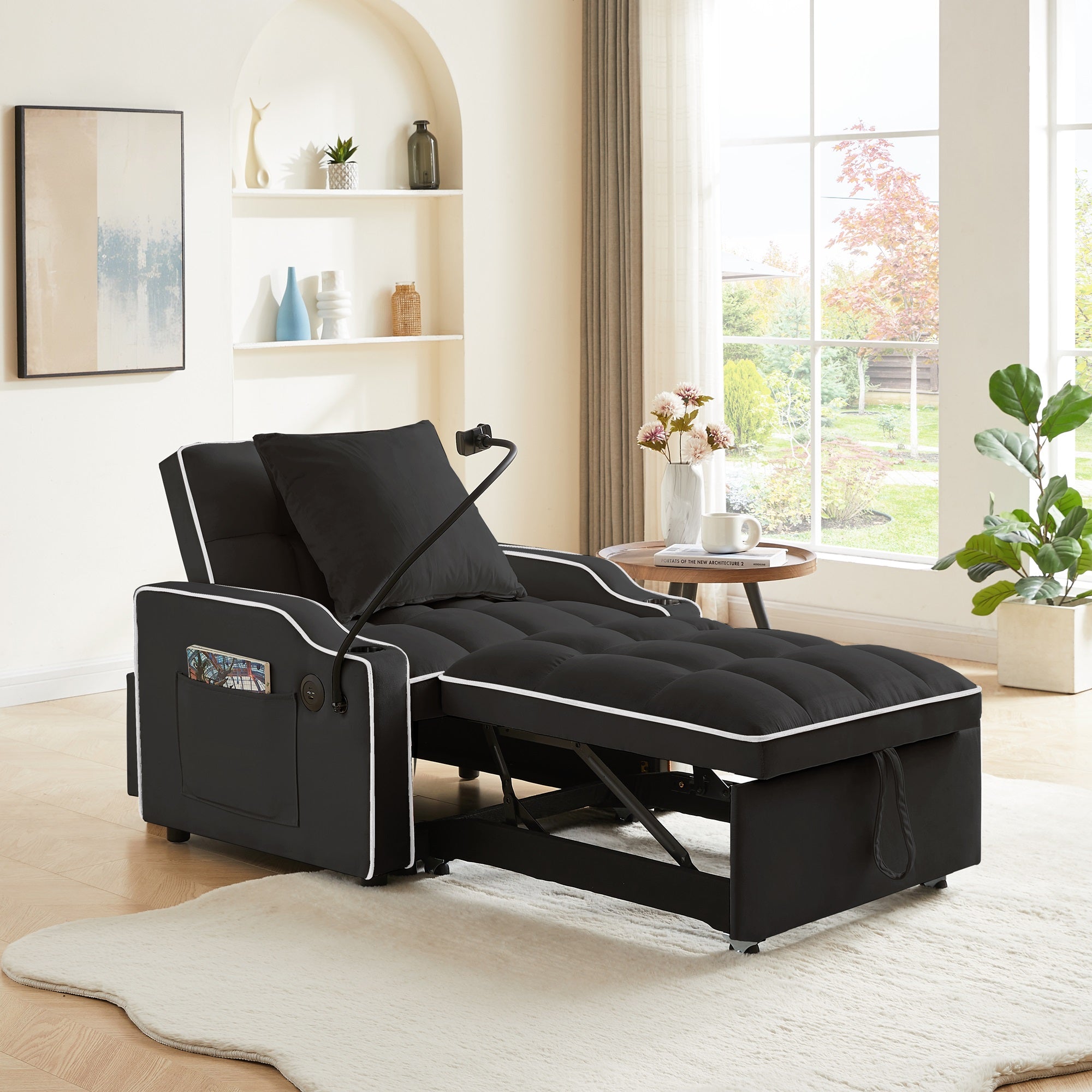 Dinosisco 3-in-1 Convertible Sleeper Chair Bed with Charge Ports & Phone Stand, Black Velvet
