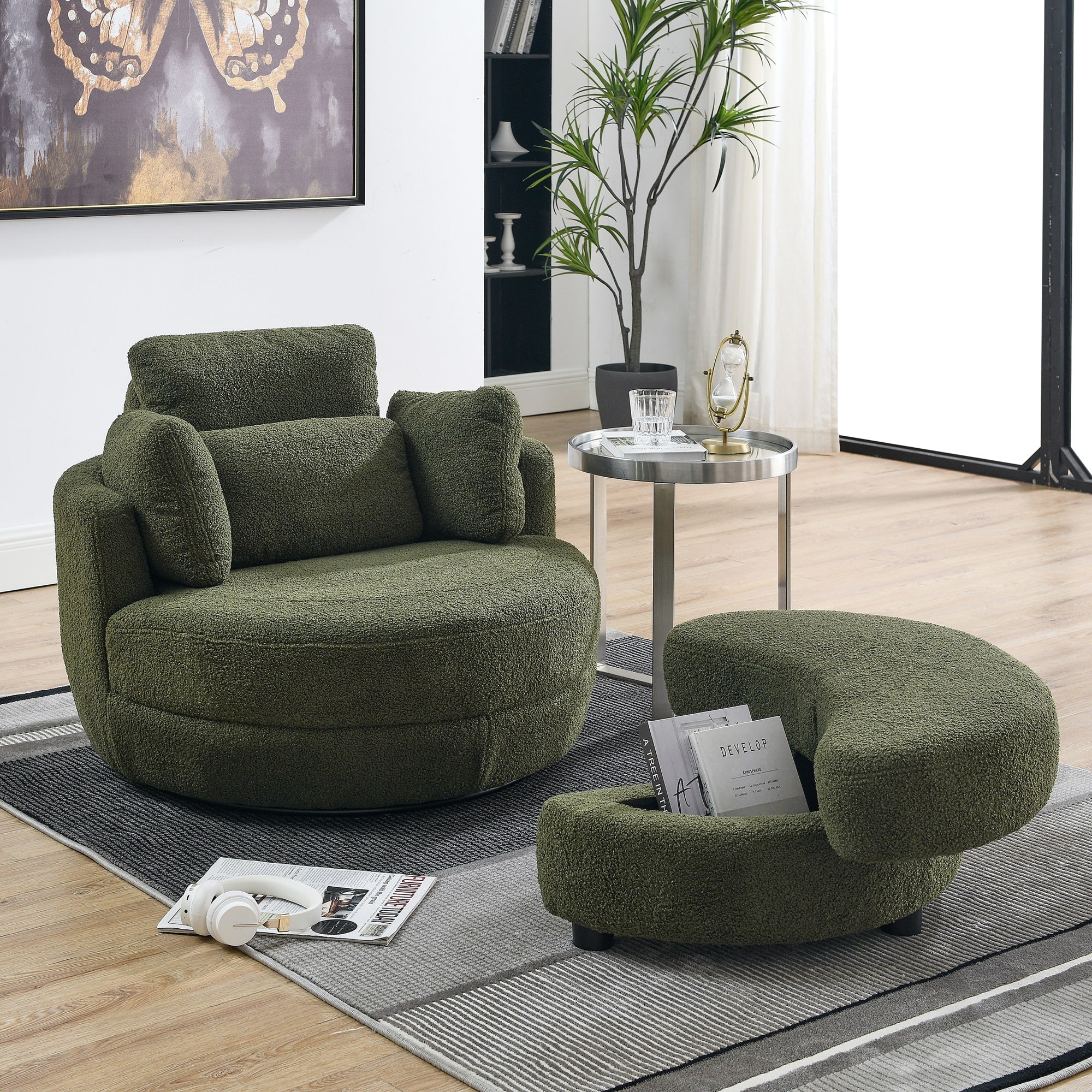 Dinosisco 39"W Oversized Swivel Accent Barrel Chair with Storage Ottoman, Gray Teddy