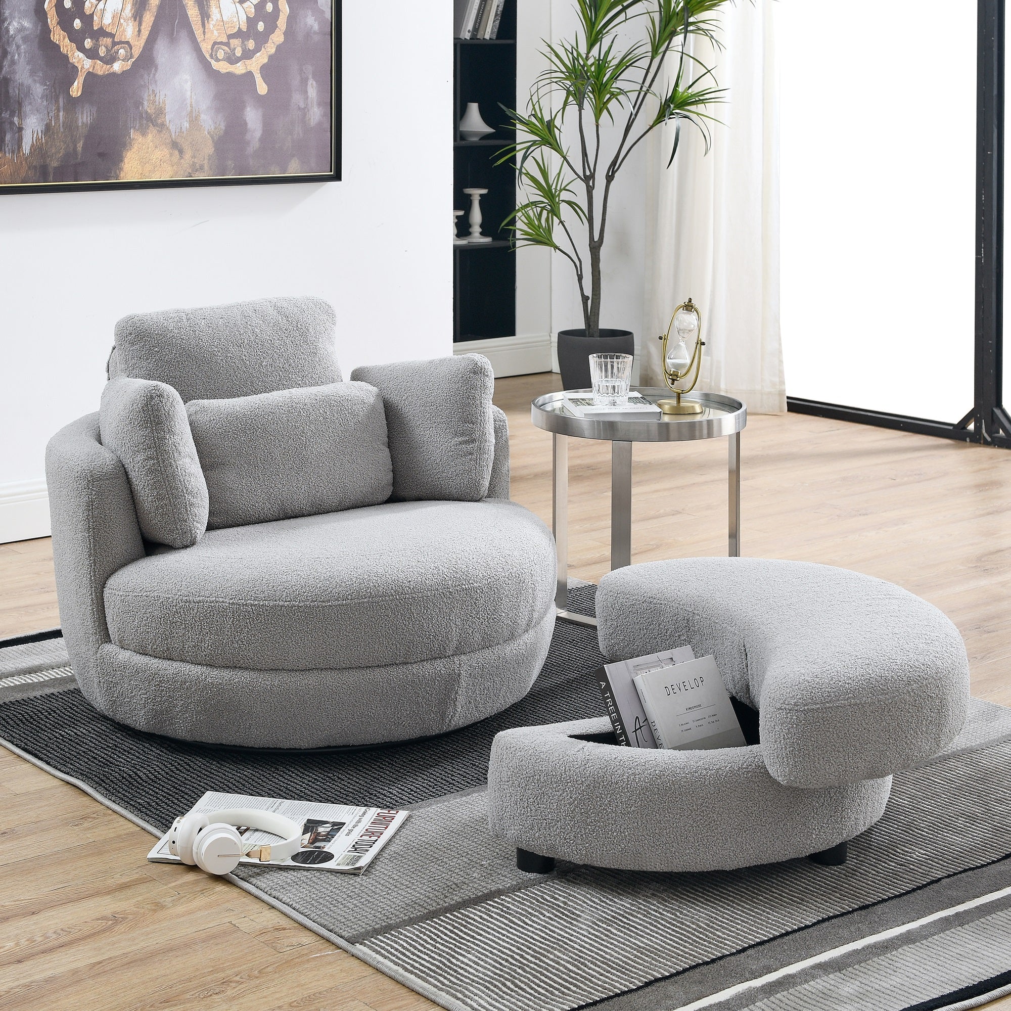 Dinosisco 39"W Oversized Swivel Accent Barrel Chair with Storage Ottoman, Gray Teddy