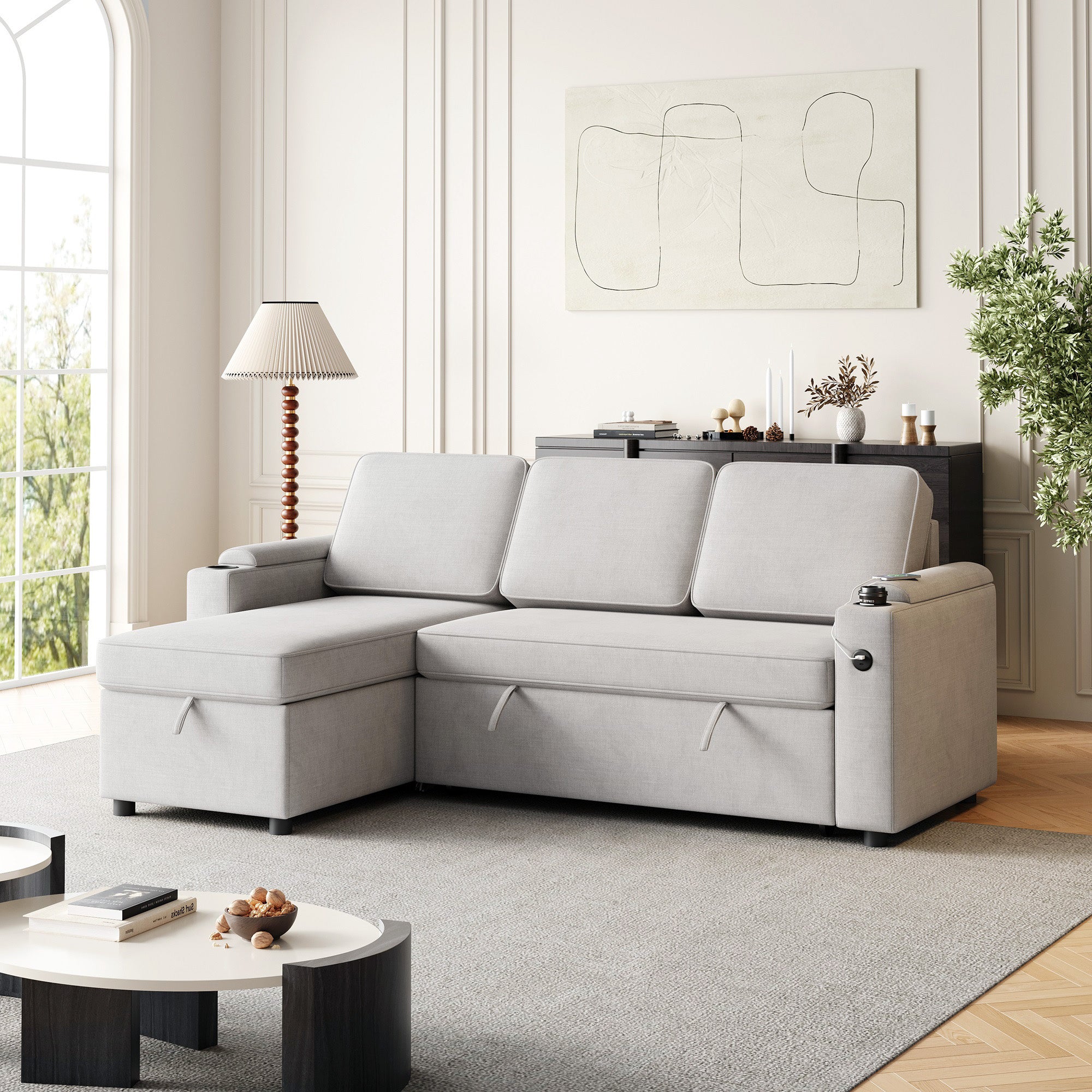 Dinosisco 3-in-1 Sectional Sleeper Sofa with Storage Chaise & Armrests, USB, Cup Holders, 85.8" Convertible L-Shaped Sofa Bed for Living Room, Apartment, Black Linen