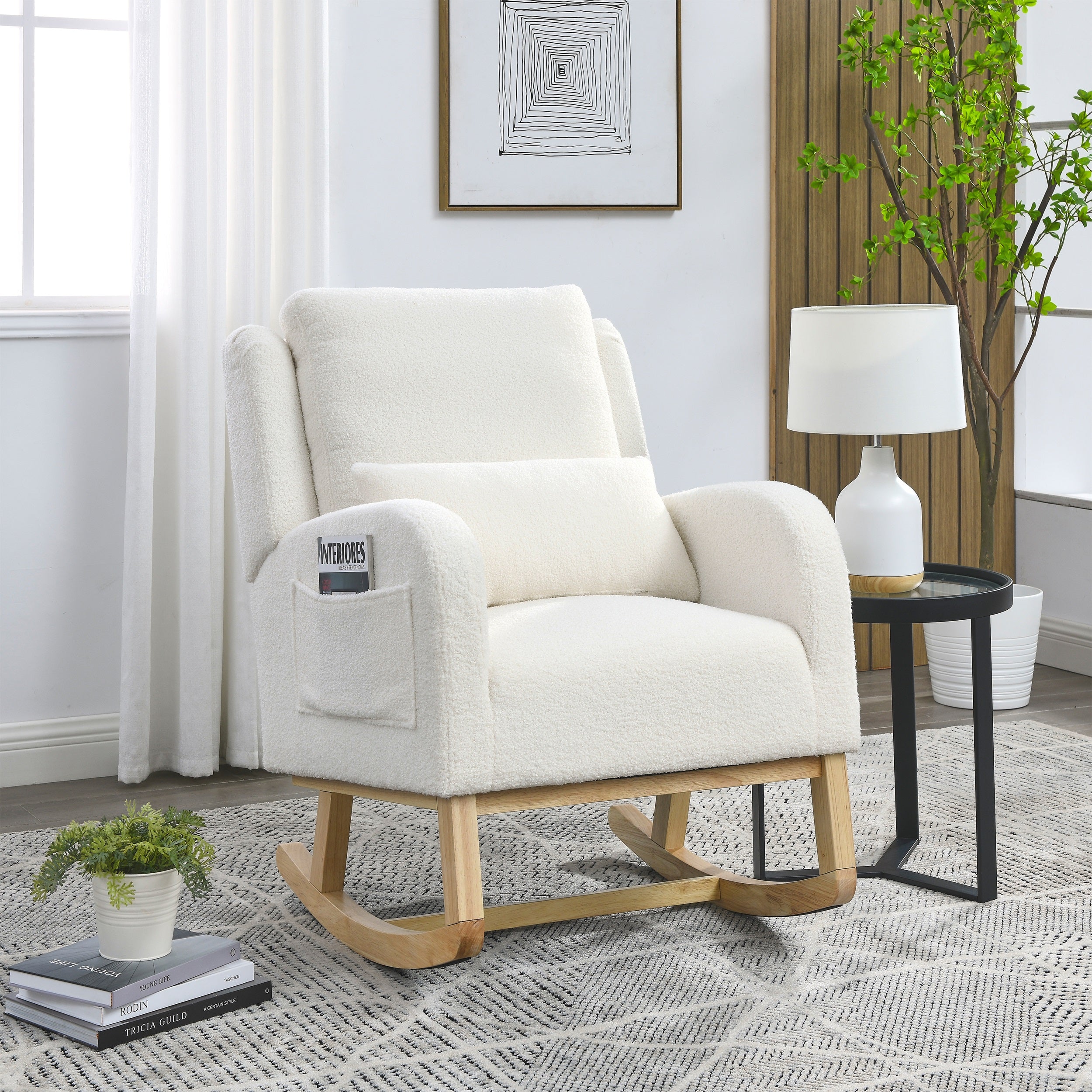 Dinosisco Teddy Glider Rocking Chair for Nursery, High Back Accent Armchair for Living Room, Ivory