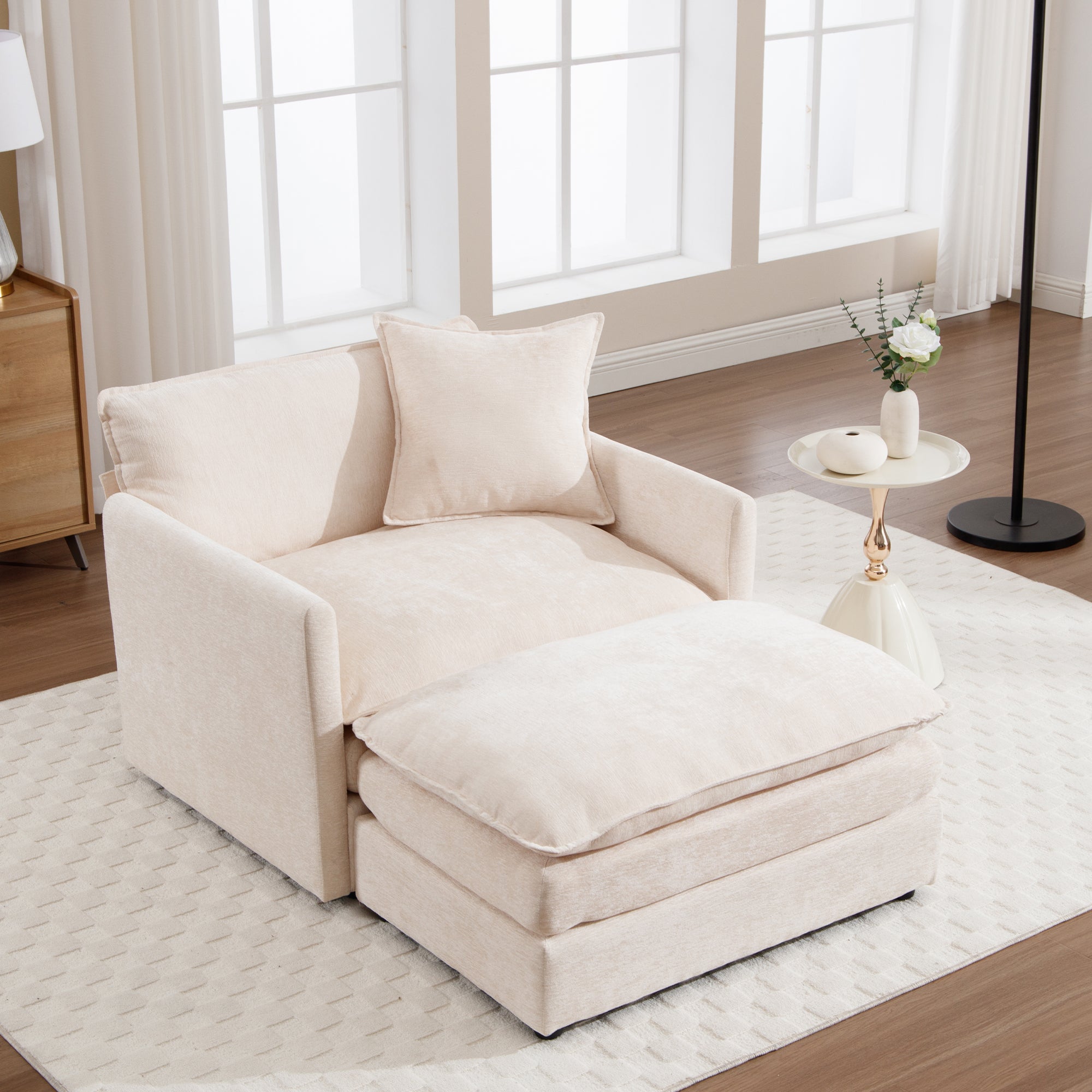Dinosisco Large Upholstered Ottoman Footstool for Living Room, Beige Chenille