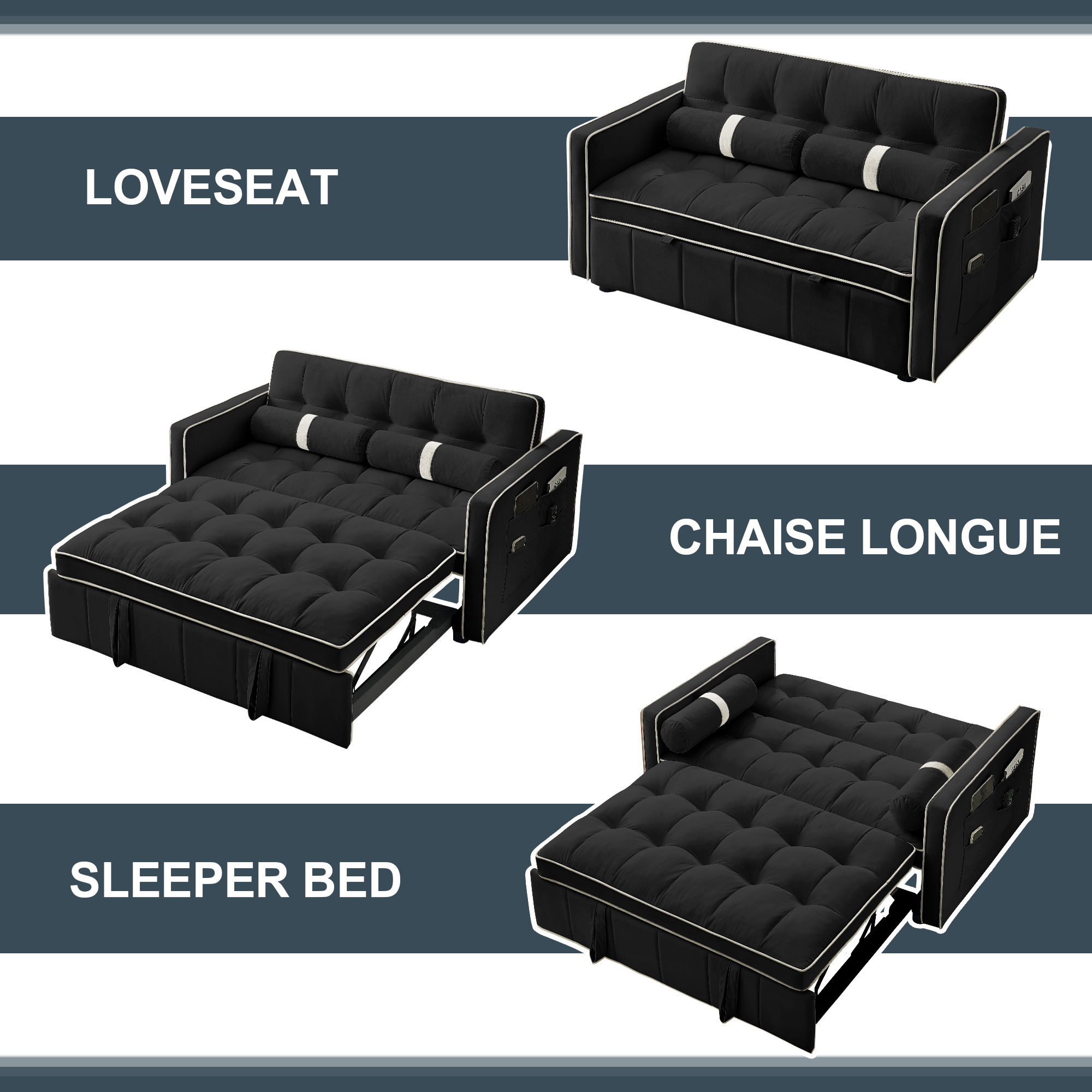 Muumblus 55.5" Pull Out Sofa Bed 2 Seater Loveseats Sleeper Convertible Futon Sofa Bed with Adjsutable Backrest, Modern Velvet Couch for Living Room, Black