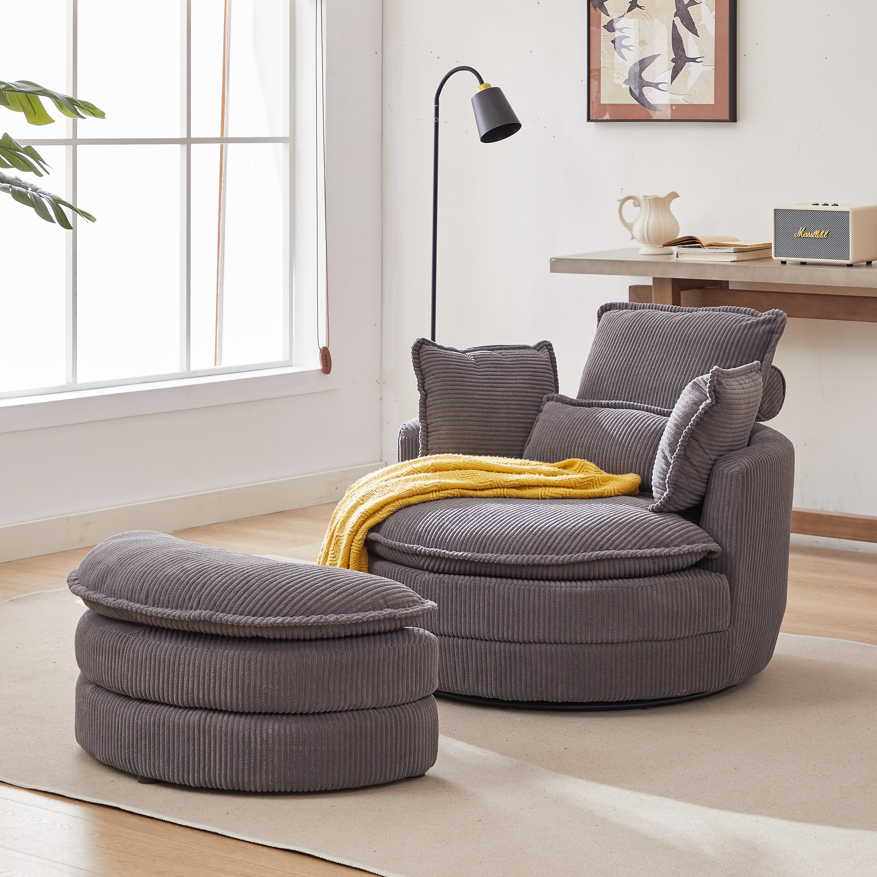 Dinosisco 38"W Oversized Swivel Accent Barrel Chair with Storage Ottoman, Gray Corduroy