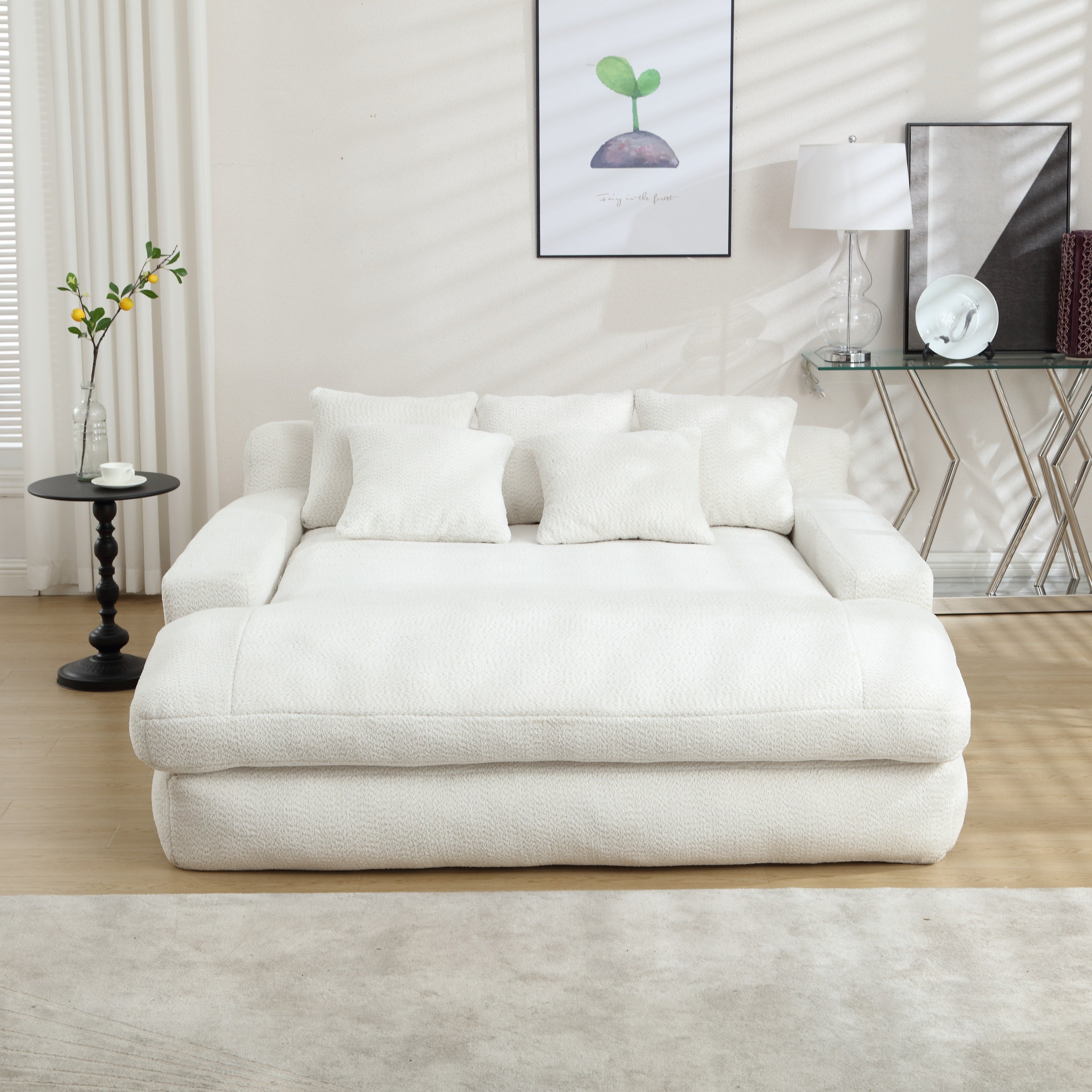 Dinosisco Oversized Deep Seat Lazy Sofa with 5 Pillows, Chenille 2-Seater Couch for Living Room, White