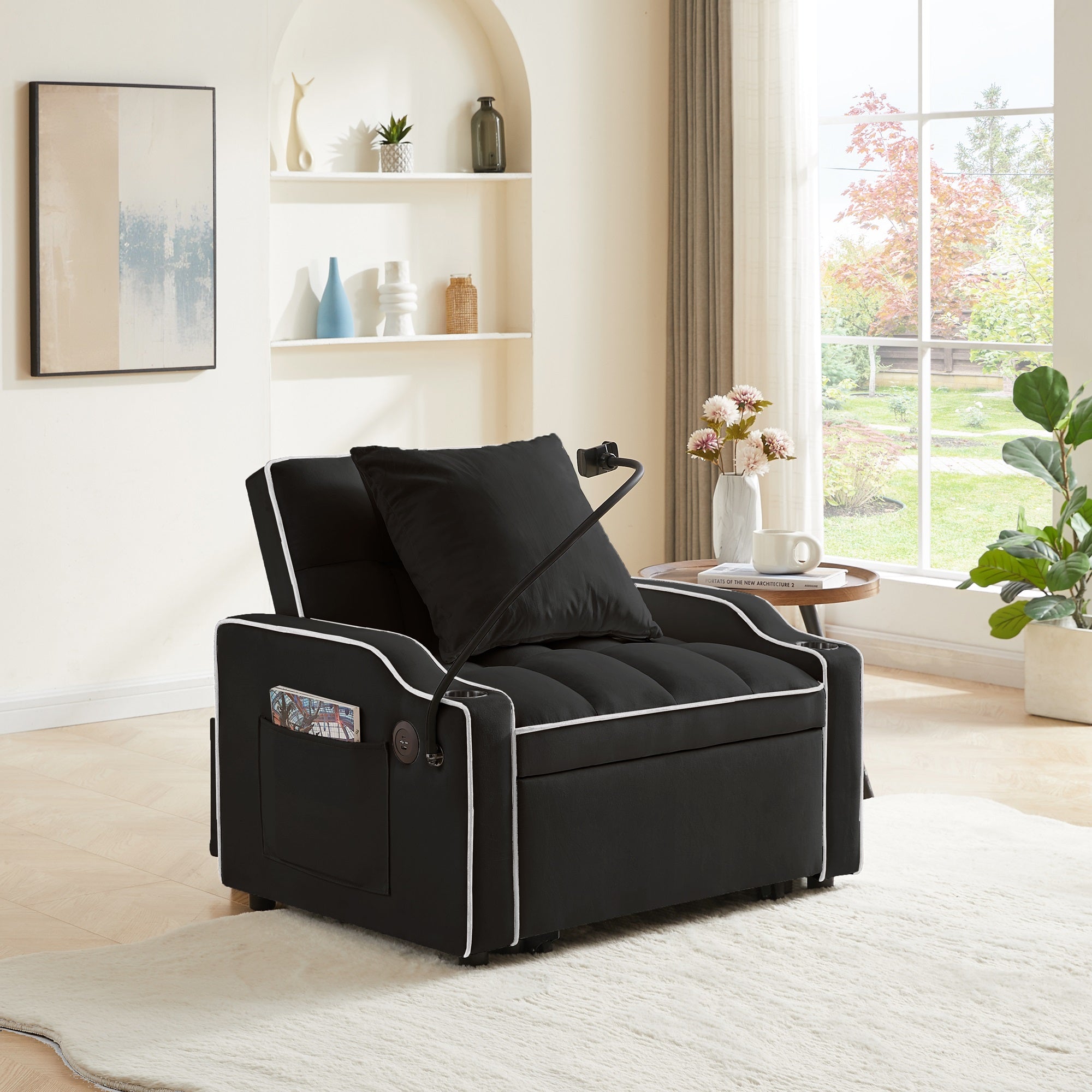 Dinosisco 3-in-1 Convertible Sleeper Chair Bed with Charge Ports & Phone Stand, Black Velvet