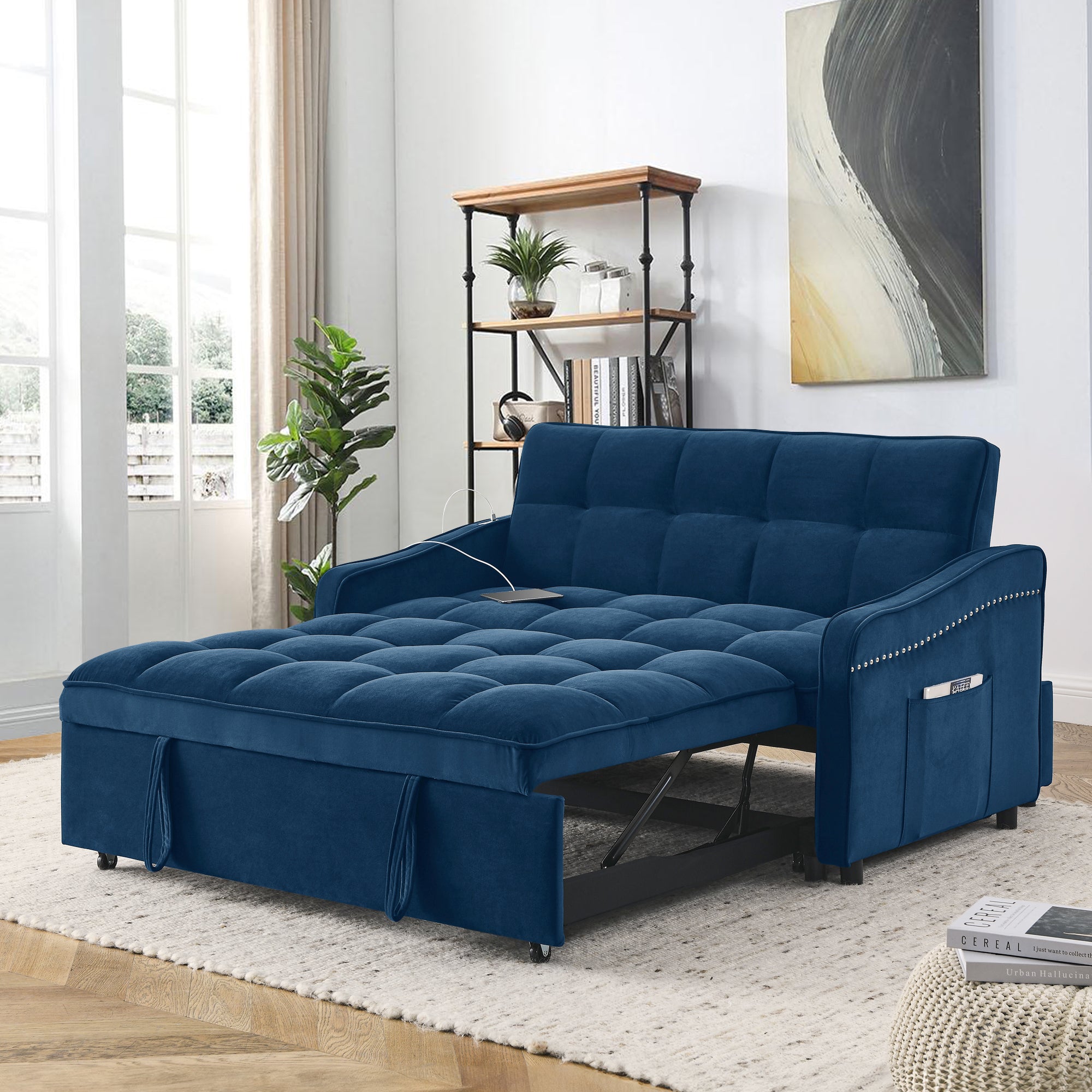 Dinosisco Pull Out Sofa Bed with Usb/Type-C, Loveseat Sleeper with Adjust Back, Convertible Sleeper Sofa for Apartment/Living Room, Gray Velvet