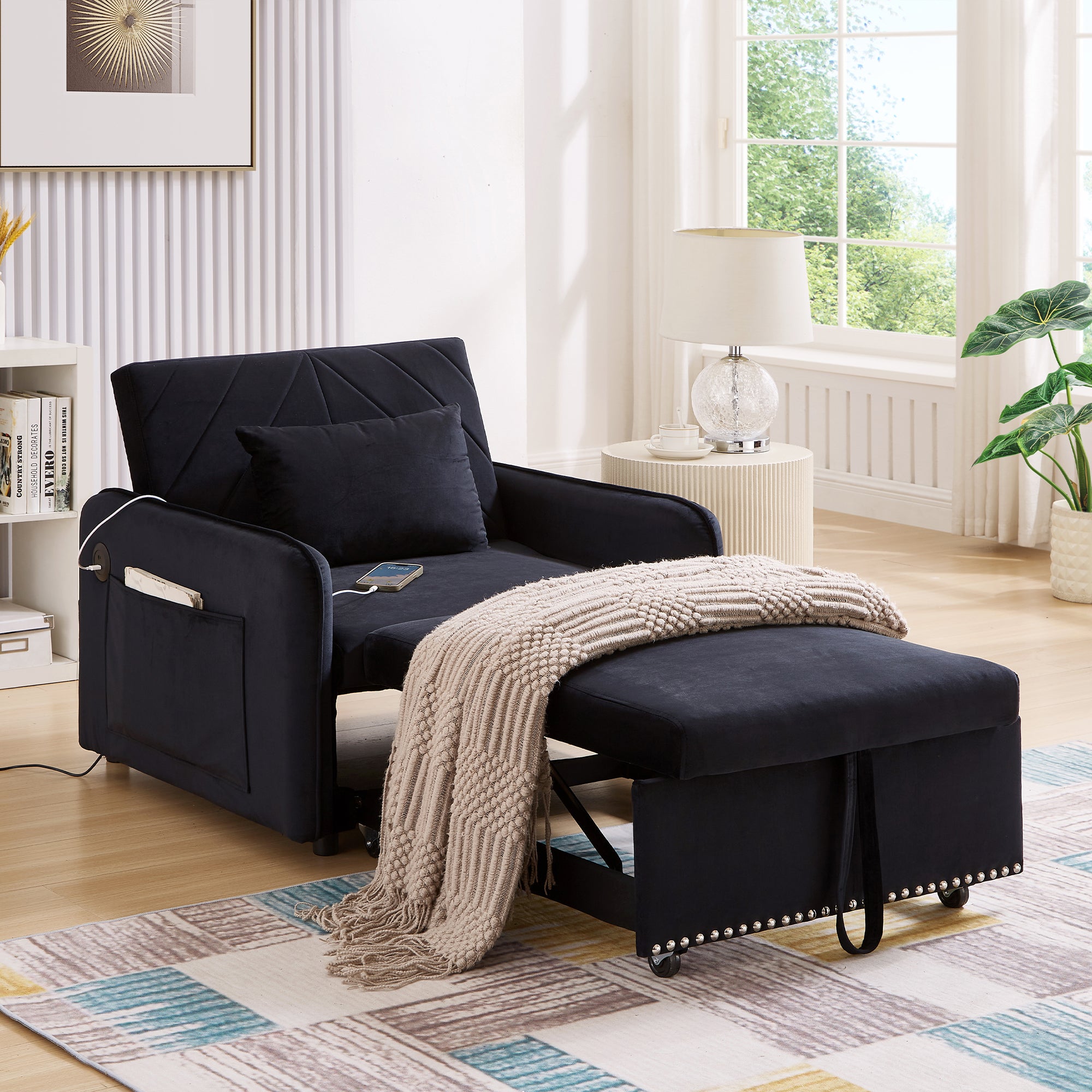 Dinosisco 3-in-1 Convertible Sleeper Chair Bed, Indoor Lounge Chair with USB/Type-C Charging Ports, Modern Recliner Sofa for Living Room, Gray Velvet