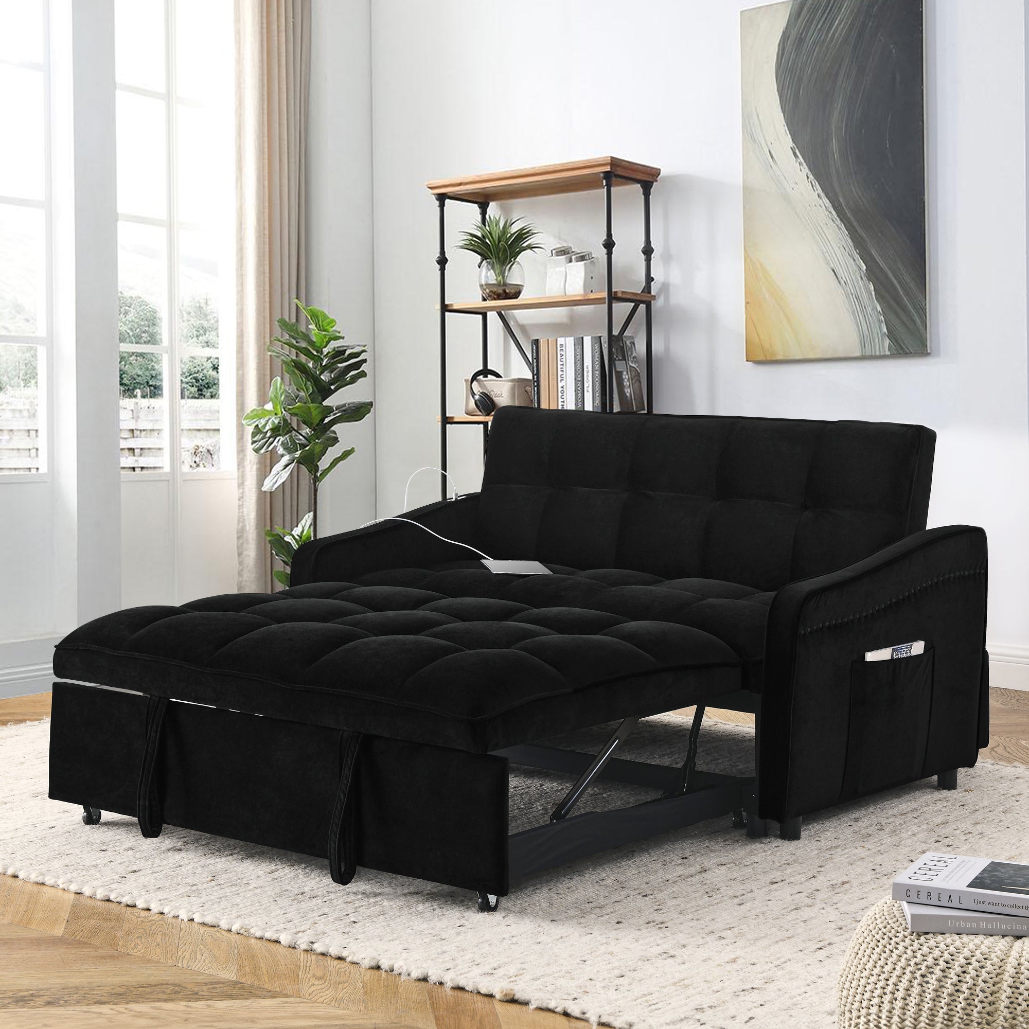 Dinosisco Pull Out Sofa Bed with Usb/Type-C, Loveseat Sleeper with Adjust Back, Convertible Sleeper Sofa for Apartment/Living Room, Gray Velvet