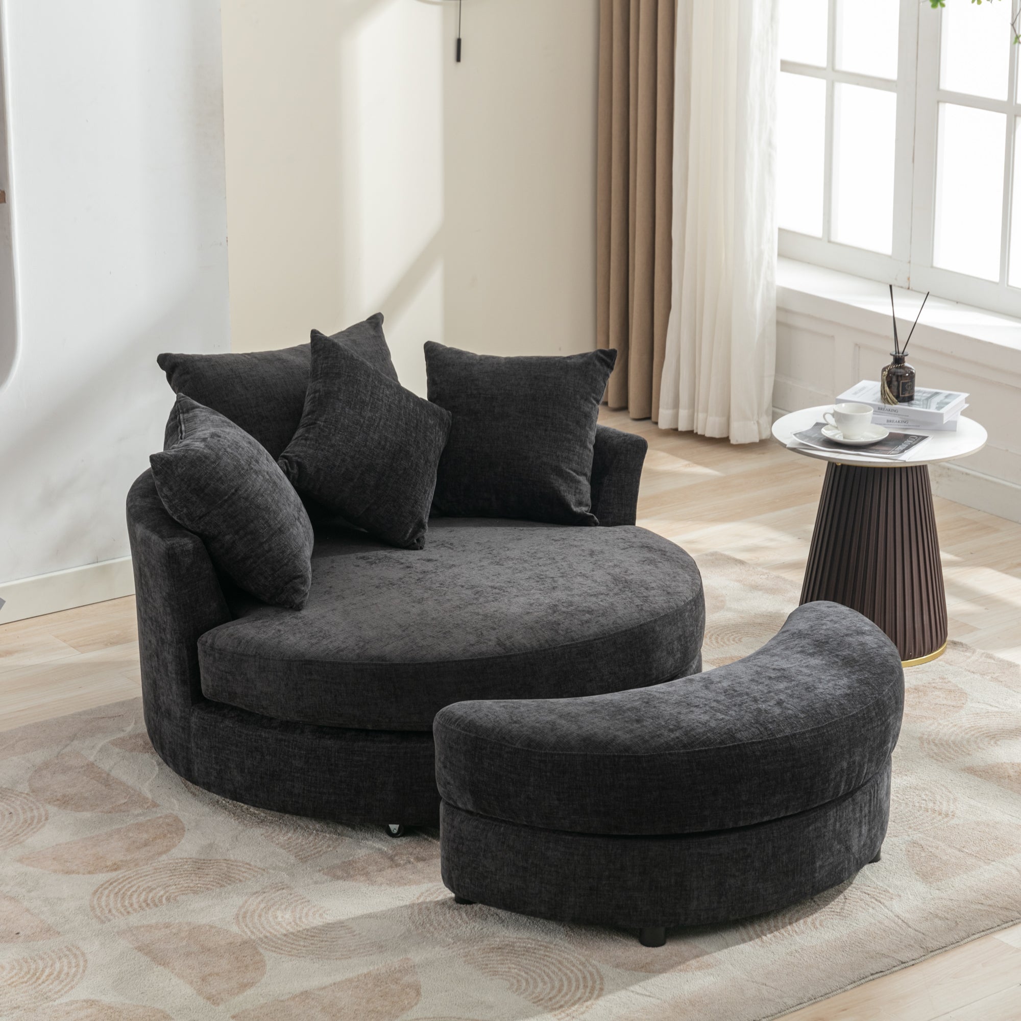 Dinosisco Swivel Accent Barrel Chair with Storage Ottoman & 4 Pillows, Modern Chenille Round Leisure Chair for Living Room, Cream