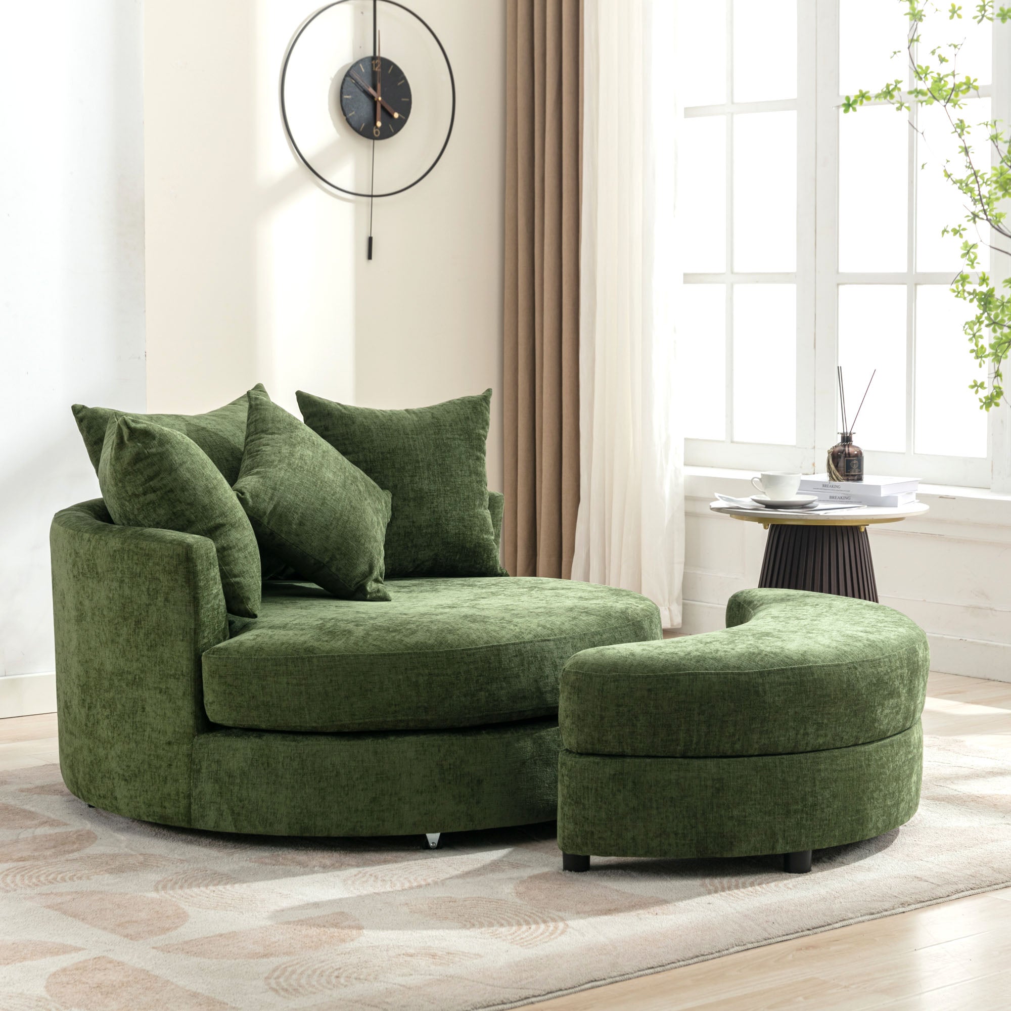 Dinosisco Swivel Accent Barrel Chair with Storage Ottoman & 4 Pillows, Modern Chenille Round Leisure Chair for Living Room, Cream