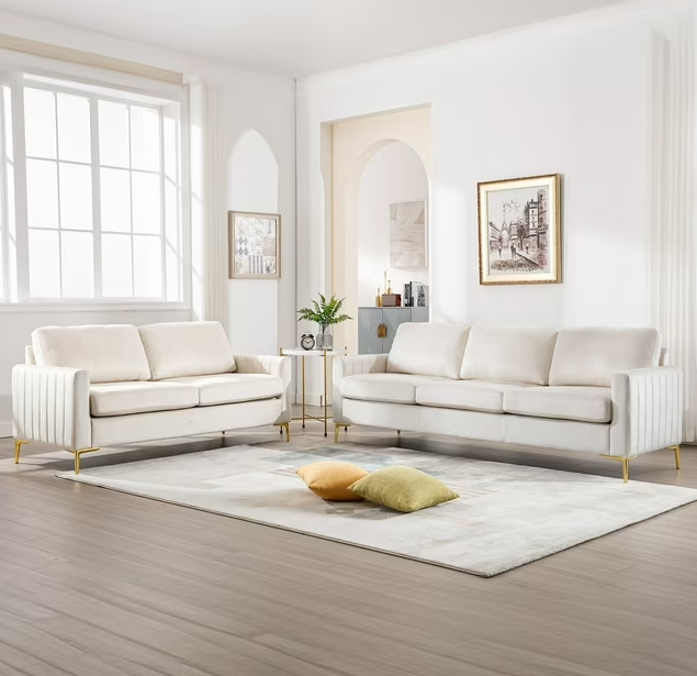 Dinosisco 2 Pieces Velvet Living Room Sets, Loveseat Sofa and 3-Seater Couch, Beige