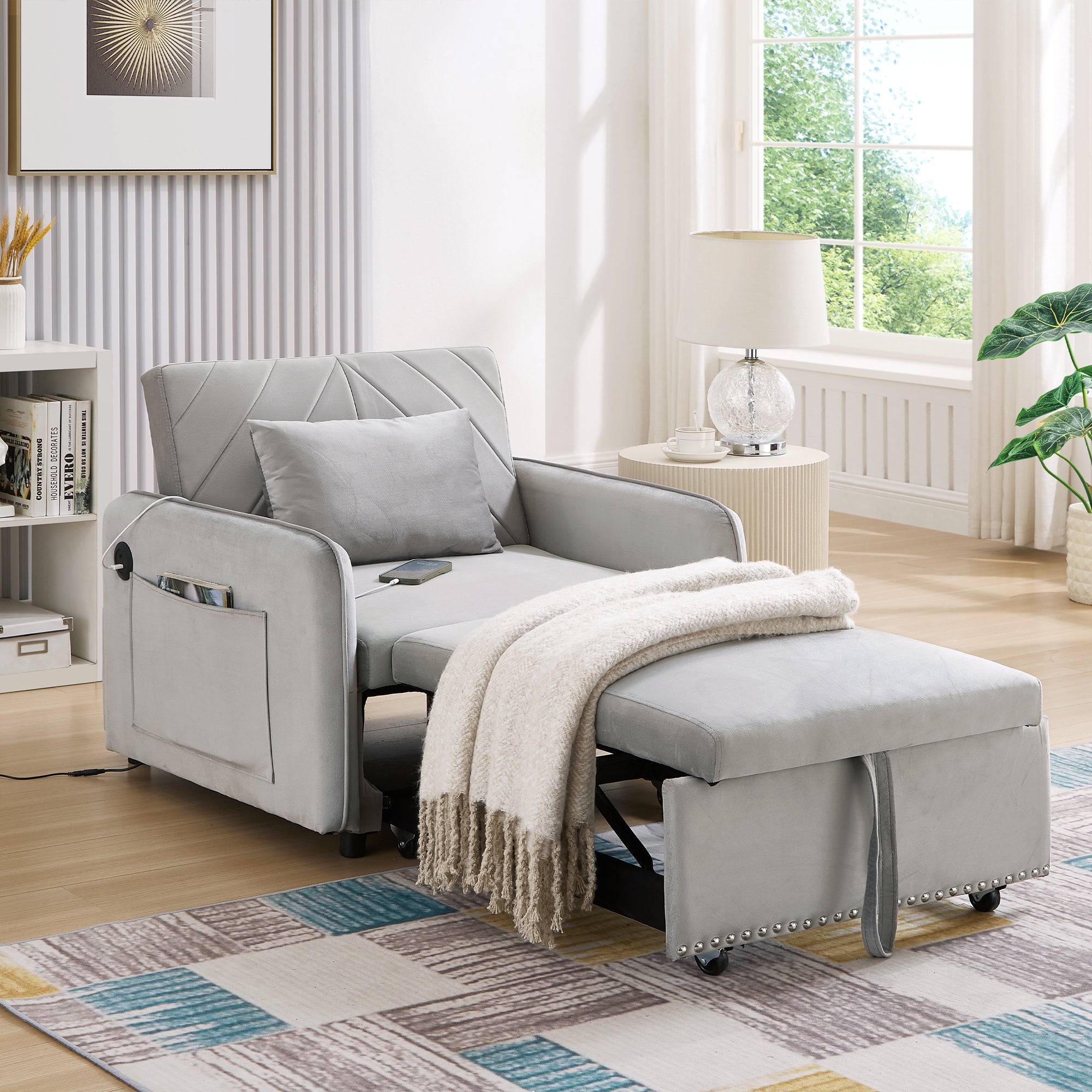 Dinosisco 3-in-1 Convertible Sleeper Chair Bed, Indoor Lounge Chair with USB/Type-C Charging Ports, Modern Recliner Sofa for Living Room, Gray Velvet
