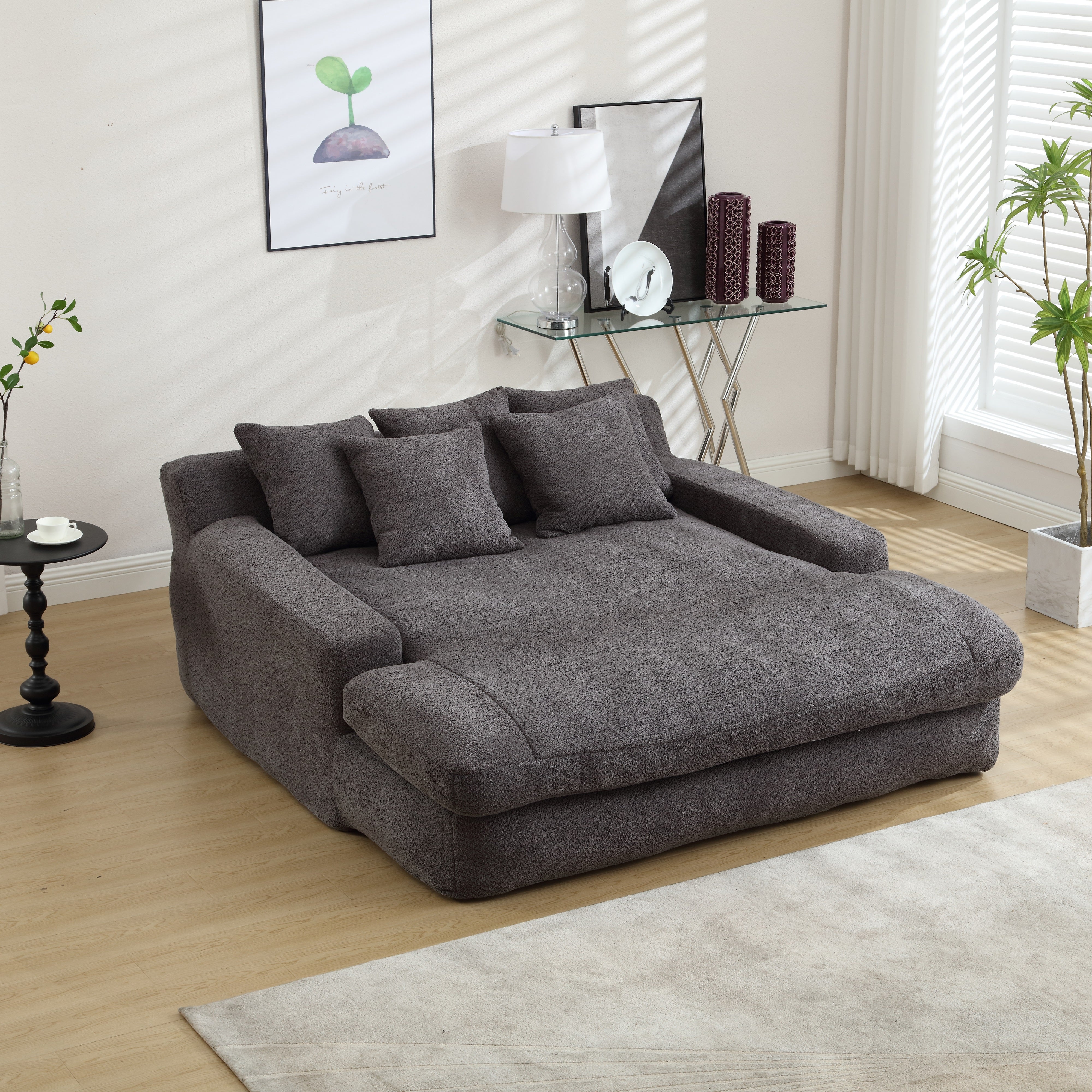 Dinosisco Oversized Deep Seat Lazy Sofa with 5 Pillows, Chenille 2-Seater Couch for Living Room, White