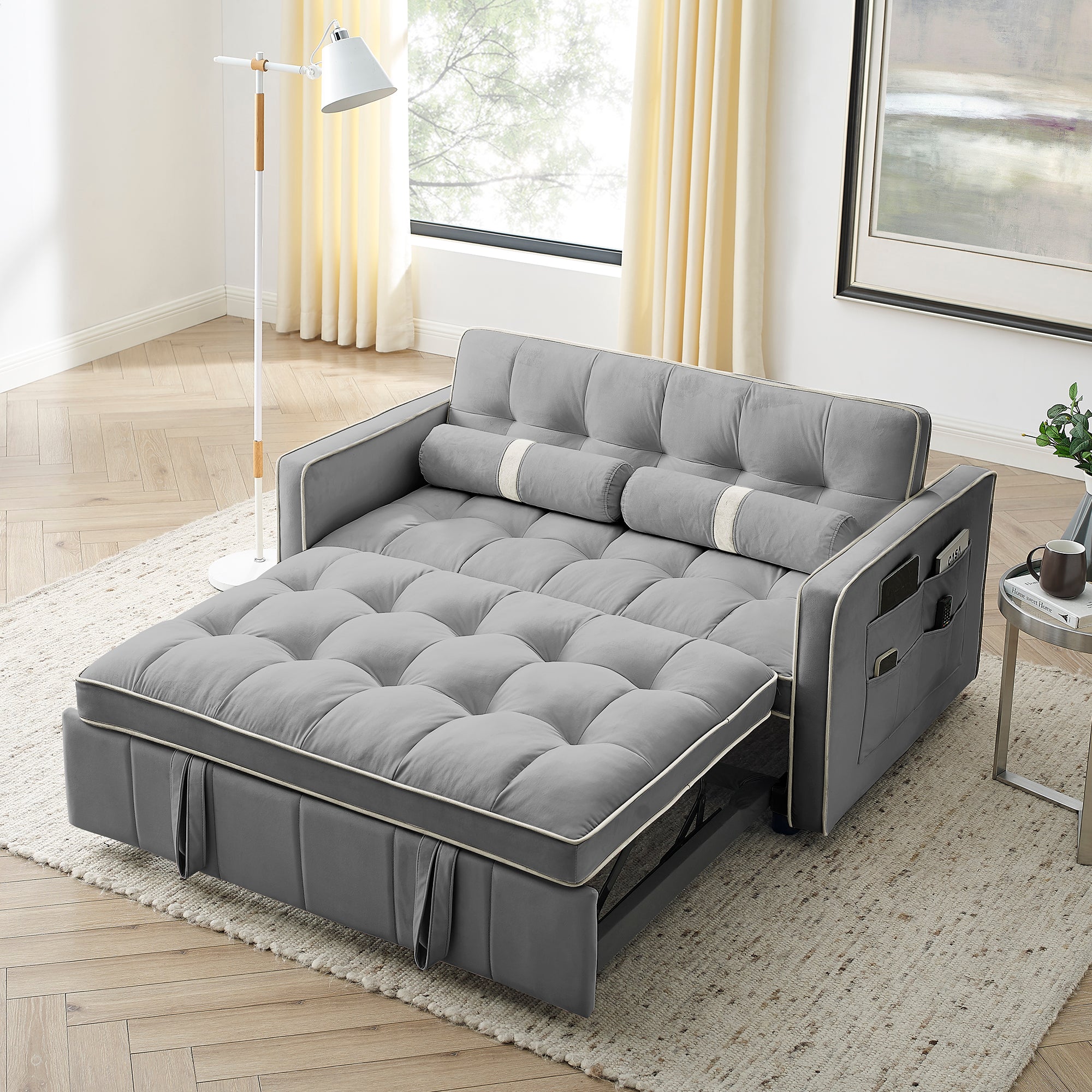 Dinosisco 55" Pull Out Sofa Bed - Tufted Velvet Convertible Loveseat Sleeper Sofa Couch for Living Room, Black