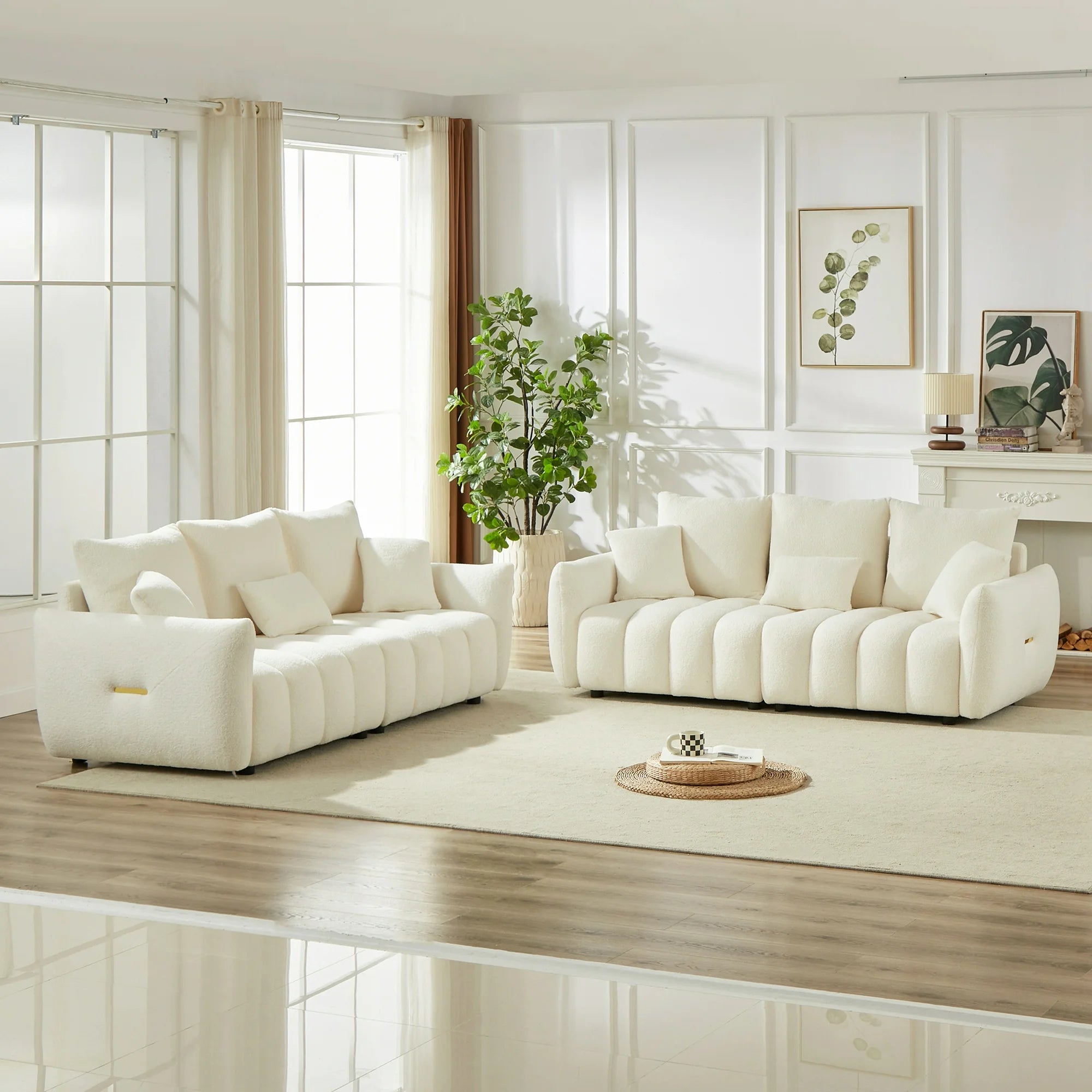 Dinosisco Pure 2 Pieces Living Room Furniture Set, Upholstered 3-Seater Sofa Set of 2, Beige Teddy