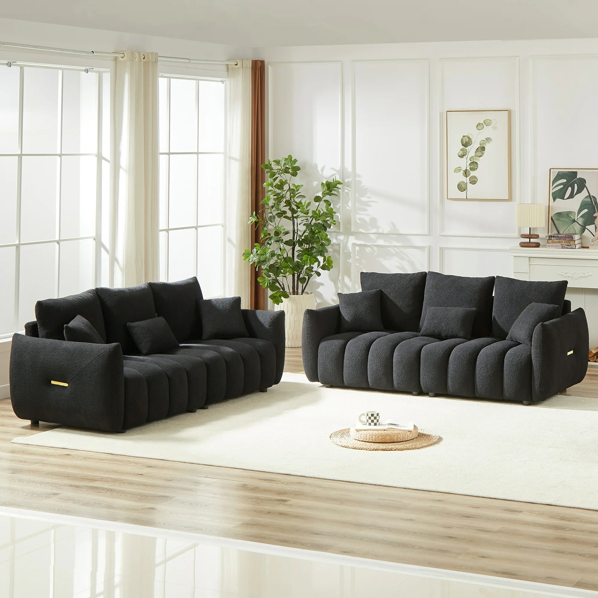 Dinosisco Pure 2 Pieces Living Room Furniture Set, Upholstered 3-Seater Sofa Set of 2, Beige Teddy