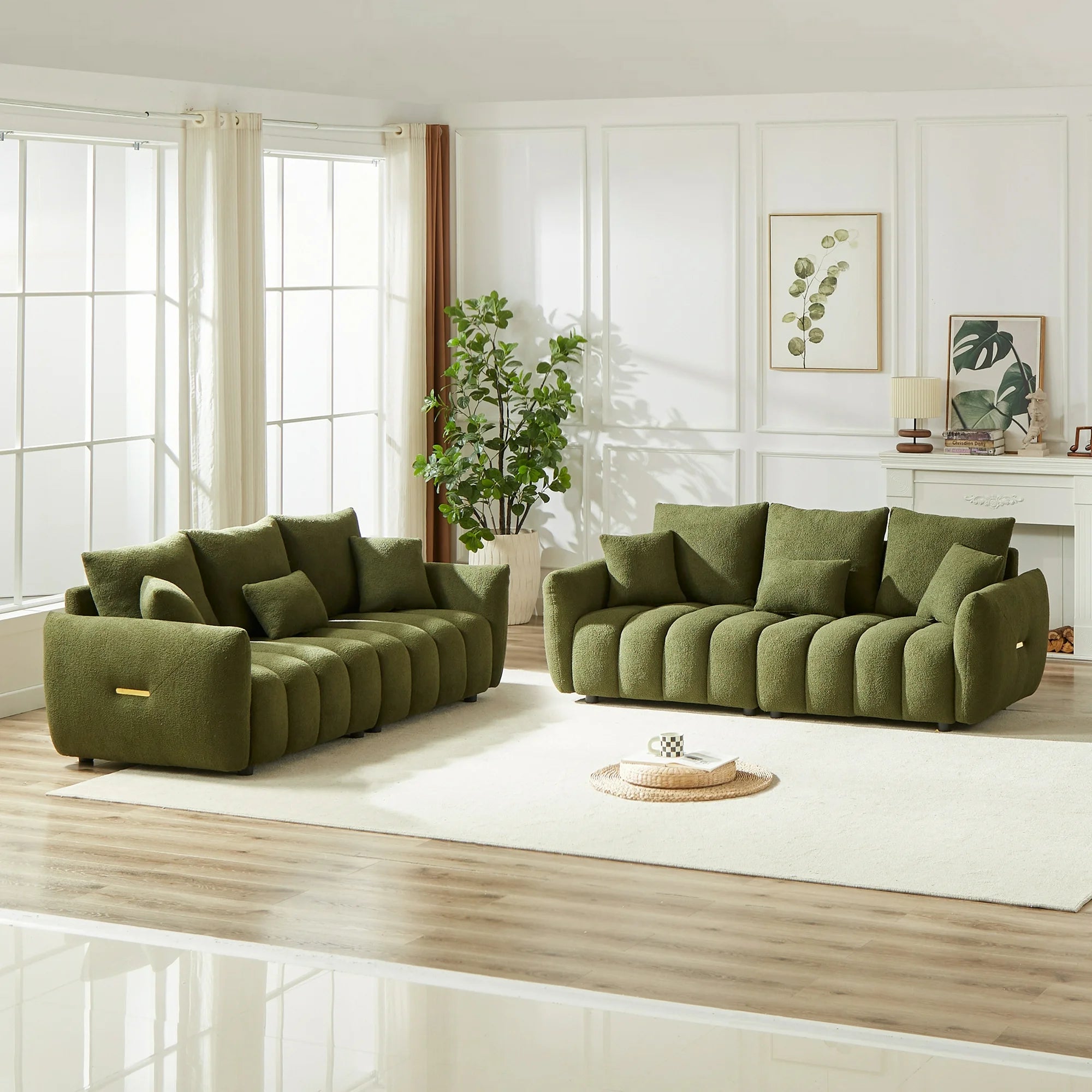 Dinosisco Pure 2 Pieces Living Room Furniture Set, Upholstered 3-Seater Sofa Set of 2, Beige Teddy