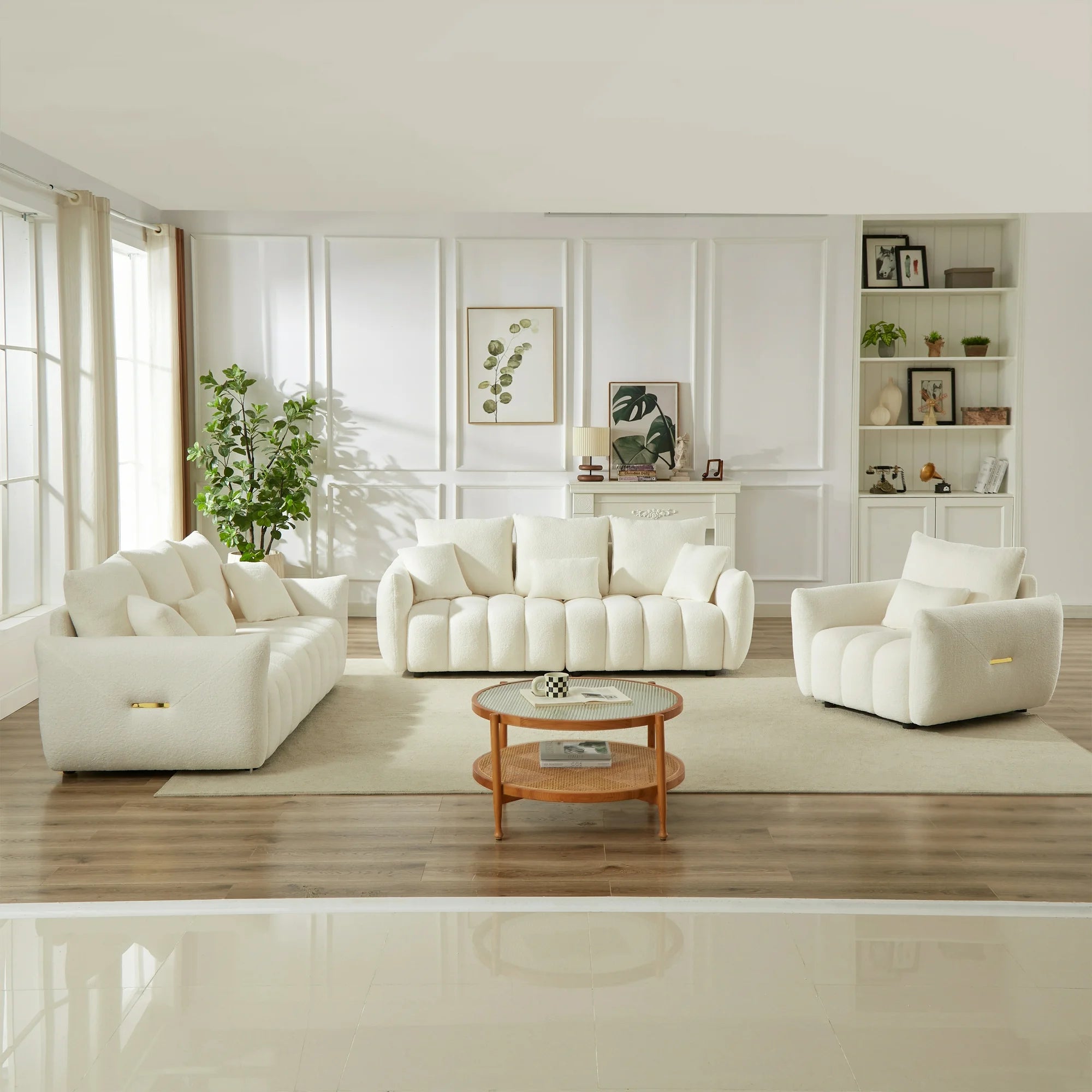 Dinosisco Pure 3 Pieces Living Room Furniture Set, A Single Sofa Chair and Two 3-Seater Sofas, Beige Teddy