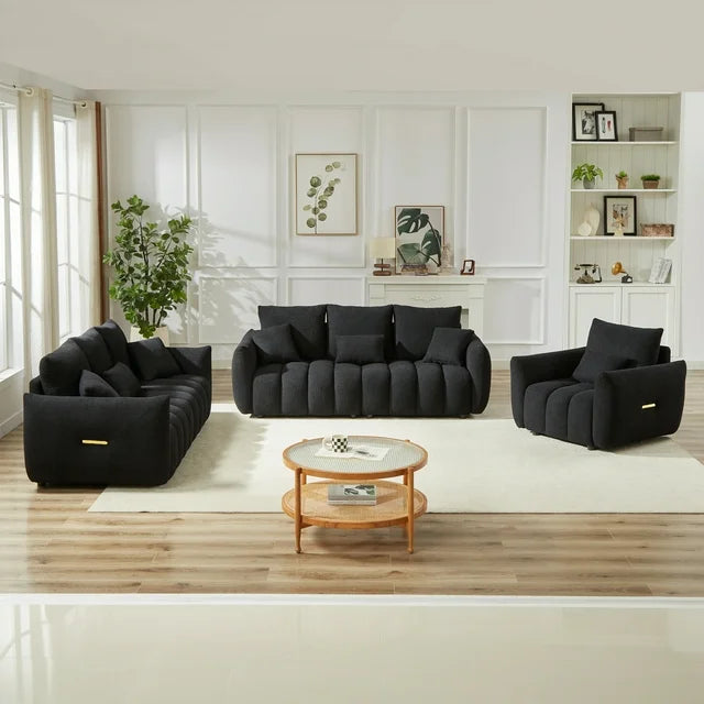 Dinosisco Pure 3 Pieces Living Room Furniture Set, A Single Sofa Chair and Two 3-Seater Sofas, Beige Teddy