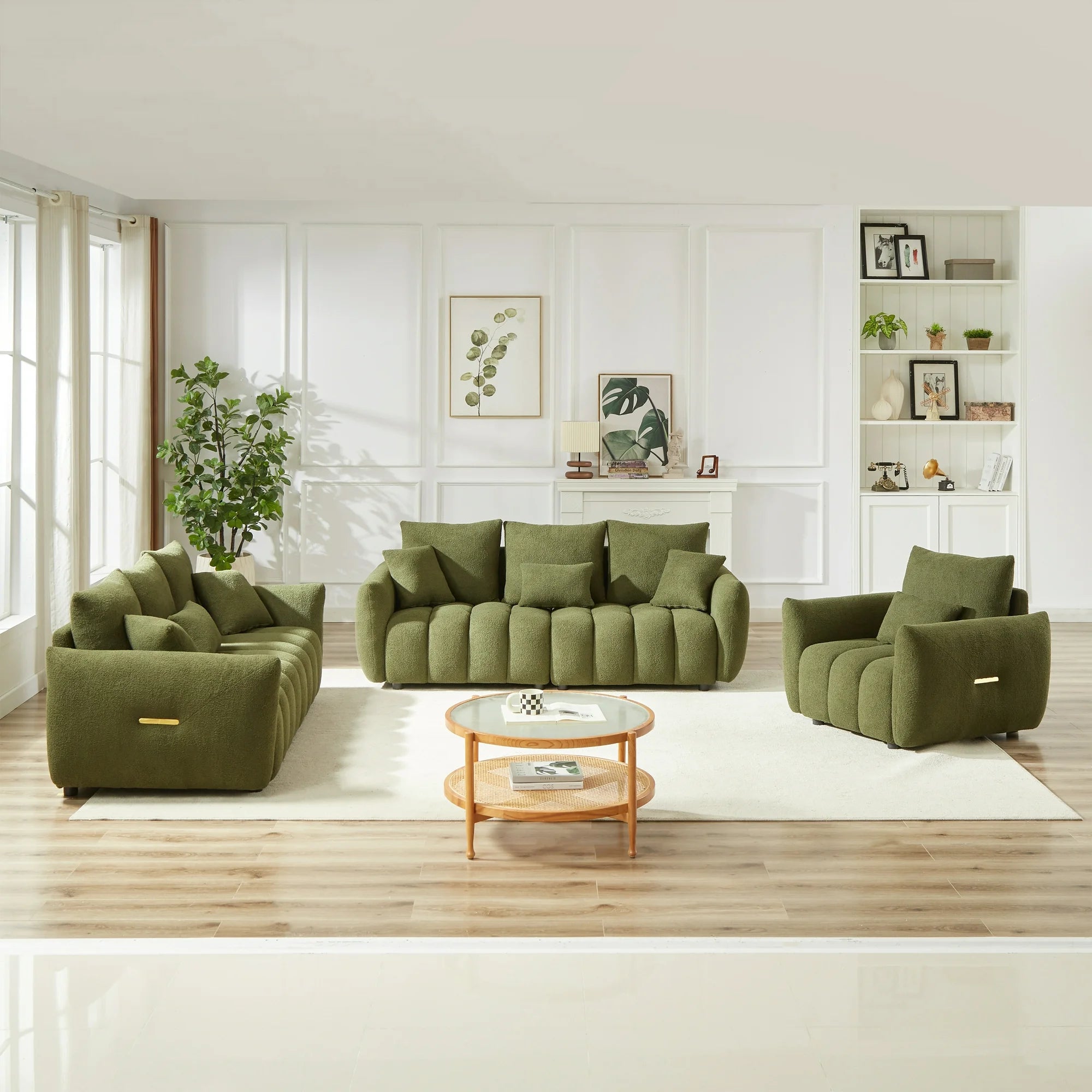Dinosisco Pure 3 Pieces Living Room Furniture Set, A Single Sofa Chair and Two 3-Seater Sofas, Beige Teddy