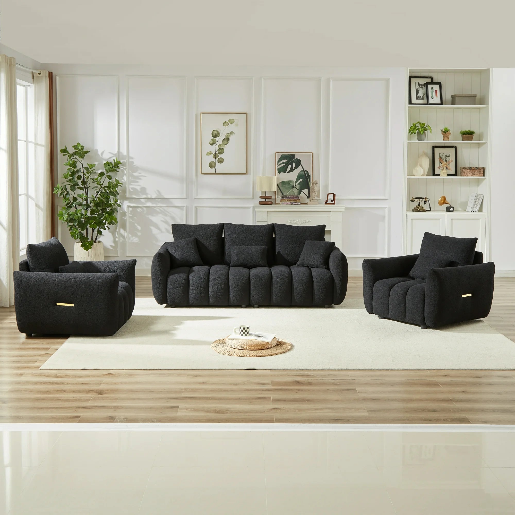 Dinosisco Pure 3 Pieces Living Room Furniture Set, Two Single Sofa Chairs and A 3-Seater Sofa, Beige Teddy
