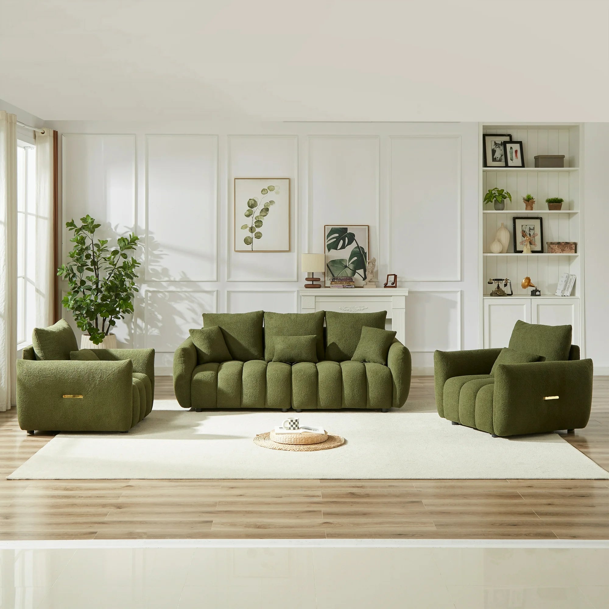 Dinosisco Pure 3 Pieces Living Room Furniture Set, Two Single Sofa Chairs and A 3-Seater Sofa, Beige Teddy