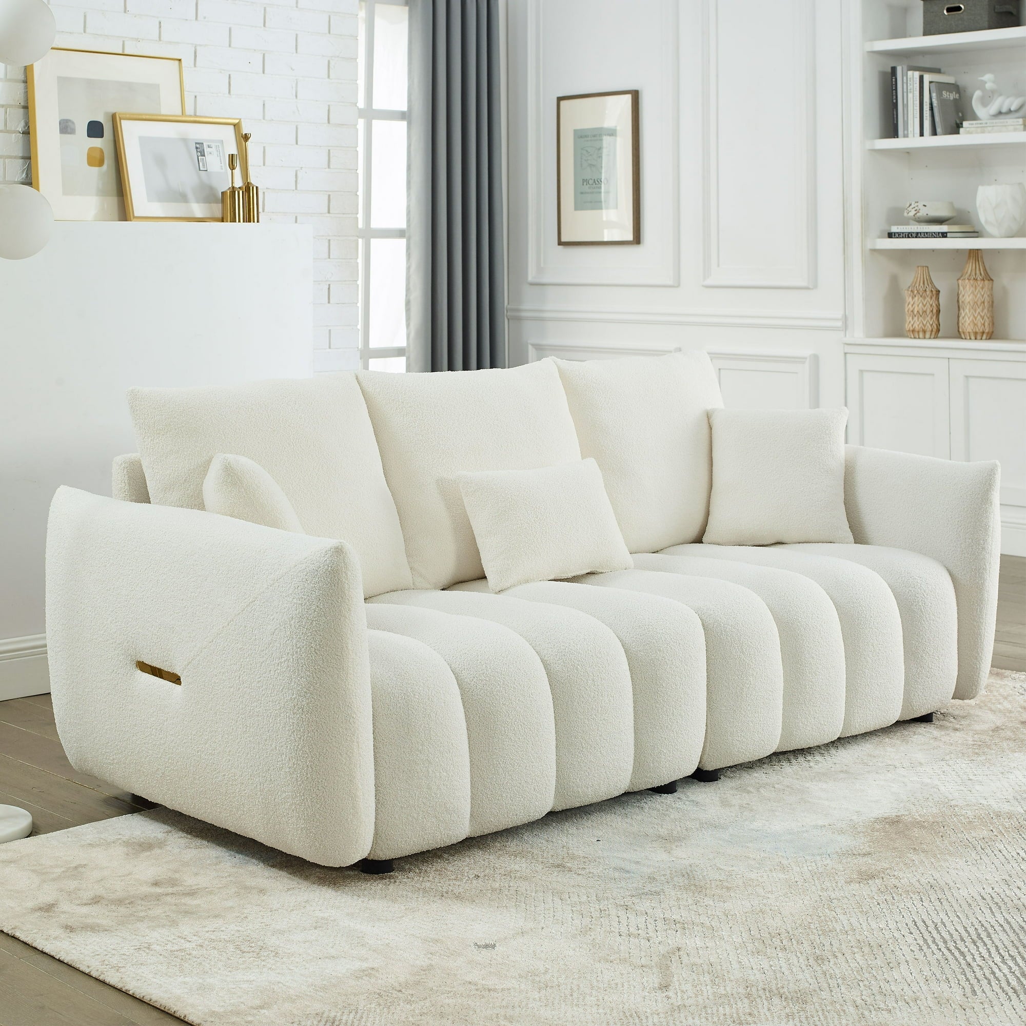 Dinosisco Pure 3-Seater Sofa, 82" Teddy Upholstered Sofa Couch for Living Room, Beige
